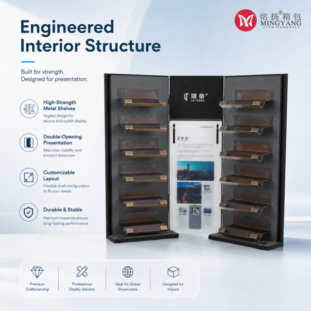 Customized manufacturer of high-end display box solutions for medium transparent rock slab, ceramic tile, marble, and double opening display boxes