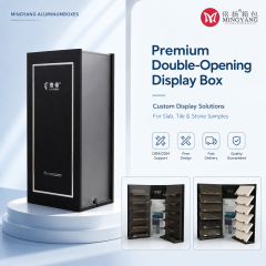 Customized manufacturer of high-end display box solutions for medium transparent rock slab, ceramic tile, marble, and double opening display boxes