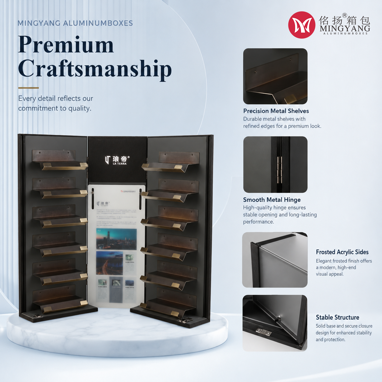 Customized manufacturer of high-end display box solutions for medium transparent rock slab, ceramic tile, marble, and double opening display boxes