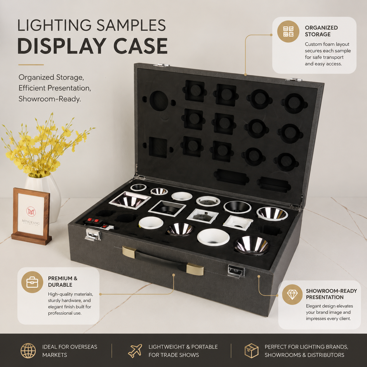 Custom LED Downlight Spotlight Sample Display Case PU Leather Lighting Fixture Presentation Box with EVA Foam Insert