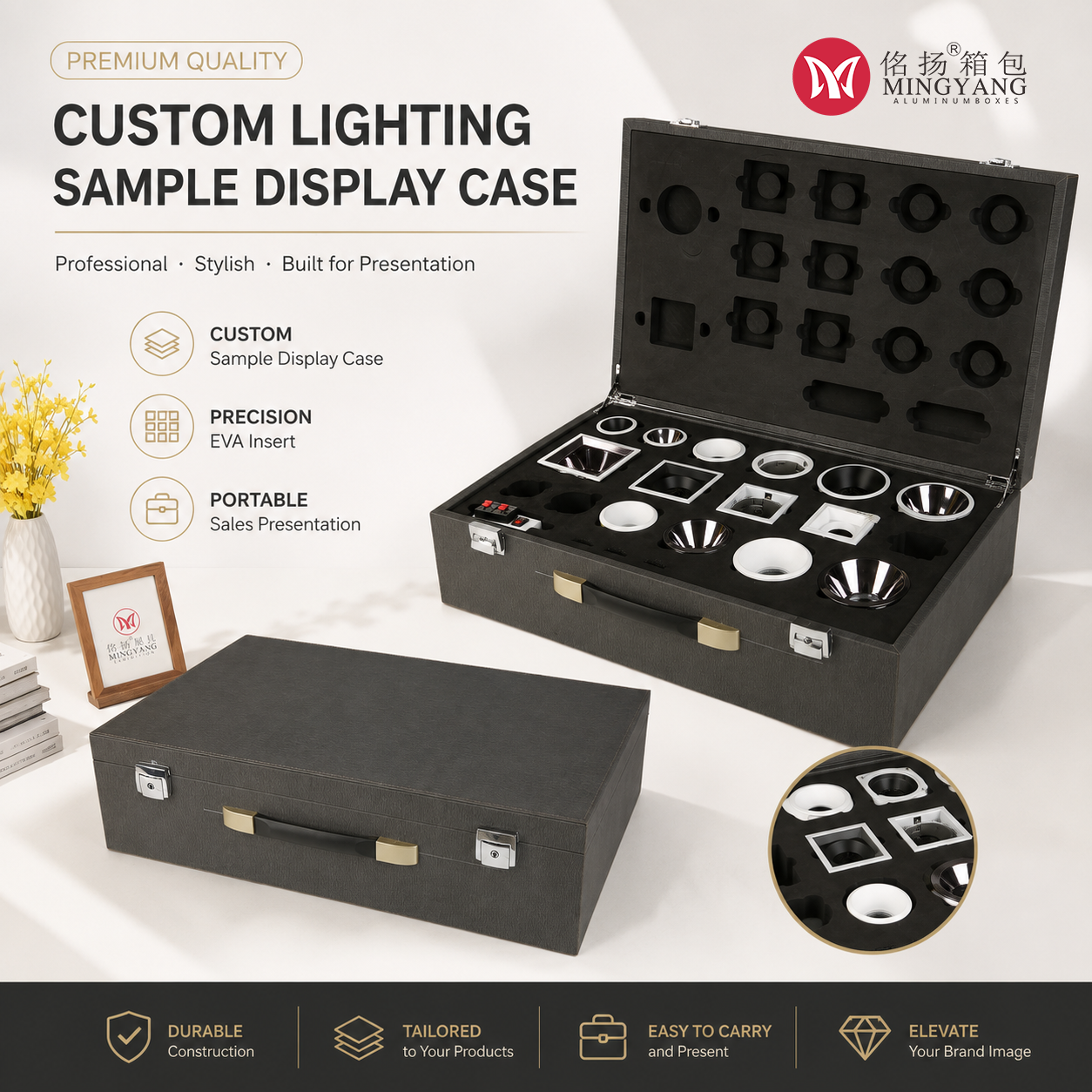 Custom LED Downlight Spotlight Sample Display Case PU Leather Lighting Fixture Presentation Box with EVA Foam Insert