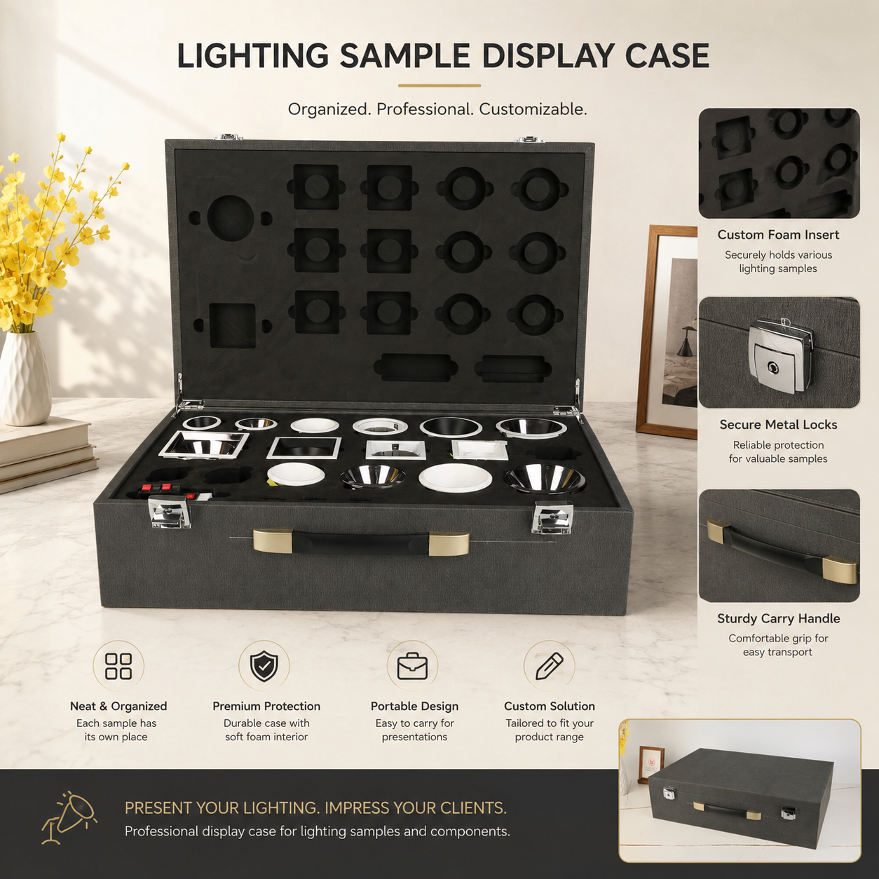 Custom LED Downlight Spotlight Sample Display Case PU Leather Lighting Fixture Presentation Box with EVA Foam Insert
