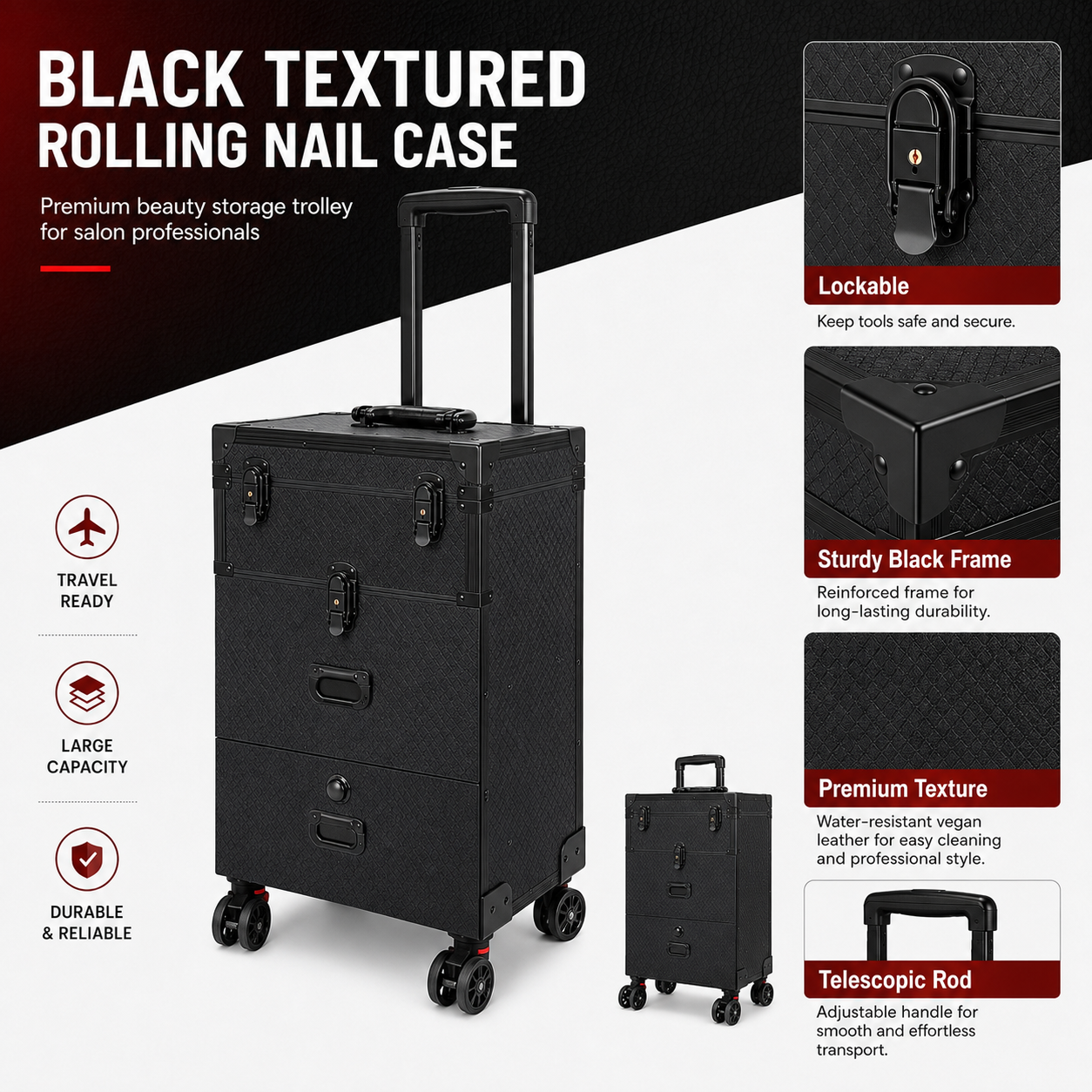 Professional Rolling Nail Case with Wheels, Large Capacity Lockable Beauty Storage Organizer with Drawers for Nail Technicians, Makeup Artists and Salon Use