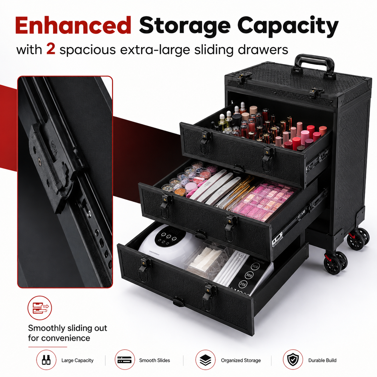 Professional Rolling Nail Case with Wheels, Large Capacity Lockable Beauty Storage Organizer with Drawers for Nail Technicians, Makeup Artists and Salon Use