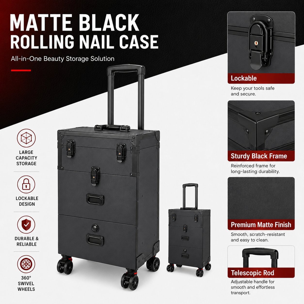Professional Rolling Nail Case with Wheels, Large Capacity Lockable Beauty Storage Organizer with Drawers for Nail Technicians, Makeup Artists and Salon Use