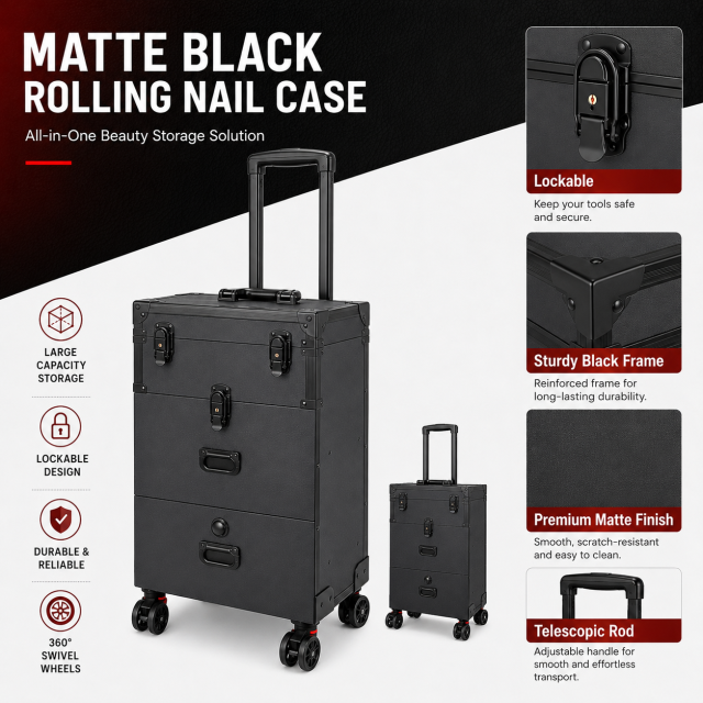 Professional Rolling Nail Case with Wheels, Large Capacity Lockable Beauty Storage Organizer with Drawers for Nail Technicians, Makeup Artists and Salon Use