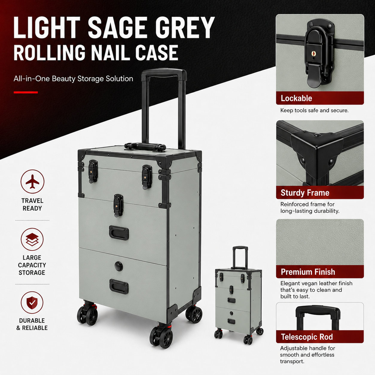 Professional Rolling Nail Case with Wheels, Large Capacity Lockable Beauty Storage Organizer with Drawers for Nail Technicians, Makeup Artists and Salon Use
