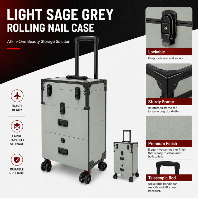 Professional Rolling Nail Case with Wheels, Large Capacity Lockable Beauty Storage Organizer with Drawers for Nail Technicians, Makeup Artists and Salon Use