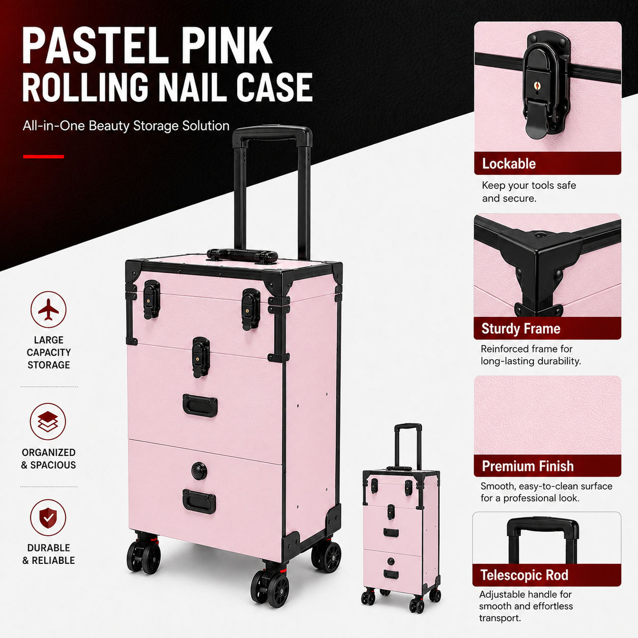 Professional Rolling Nail Case with Wheels, Large Capacity Lockable Beauty Storage Organizer with Drawers for Nail Technicians, Makeup Artists and Salon Use