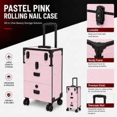 Professional Rolling Nail Case with Wheels, Large Capacity Lockable Beauty Storage Organizer with Drawers for Nail Technicians, Makeup Artists and Salon Use