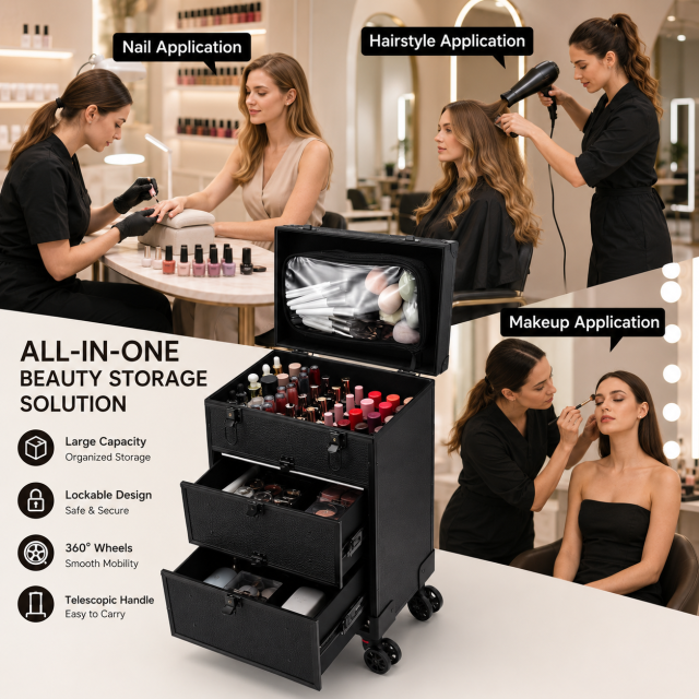 Professional Rolling Nail Case with Wheels, Large Capacity Lockable Beauty Storage Organizer with Drawers for Nail Technicians, Makeup Artists and Salon Use
