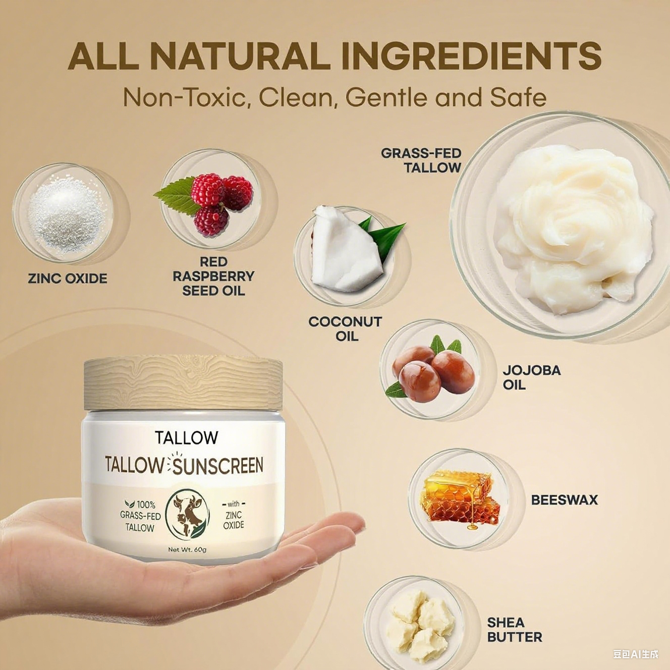 OEM Beef Tallow SPF 50 Sunscreen Cream Non-Toxic Natural Sunblock for Dry Skin Nourishing Zinc Oxide Peptides for Face & Body