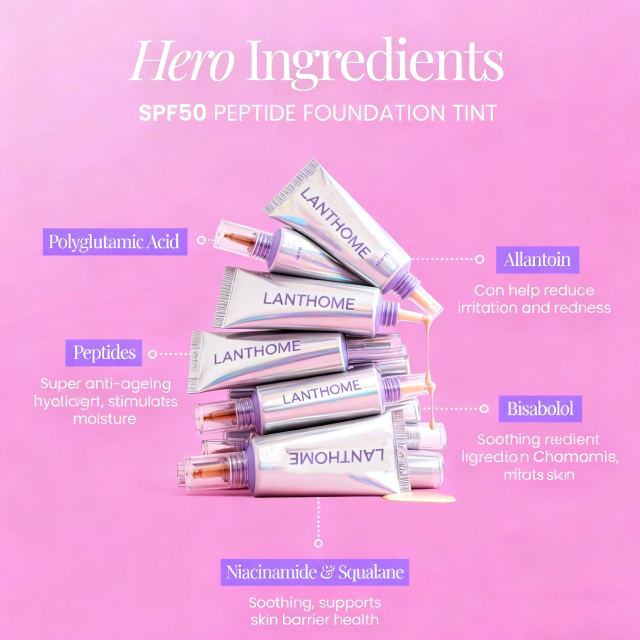 Private Label OEM SPF50 Peptide Foundation Tint | Lightweight Finish + Full-Spectrum Sun Protection