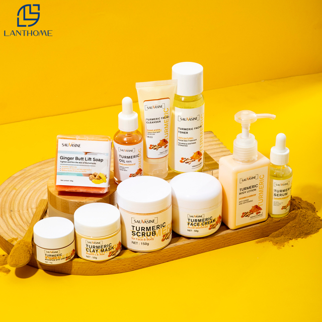 Natural Turmeric Skin Care 10 Pieces Set Anti Acne Dark Spot Whitening Soap Serum Scrub Cream Cleanser Face Body Skincare Set