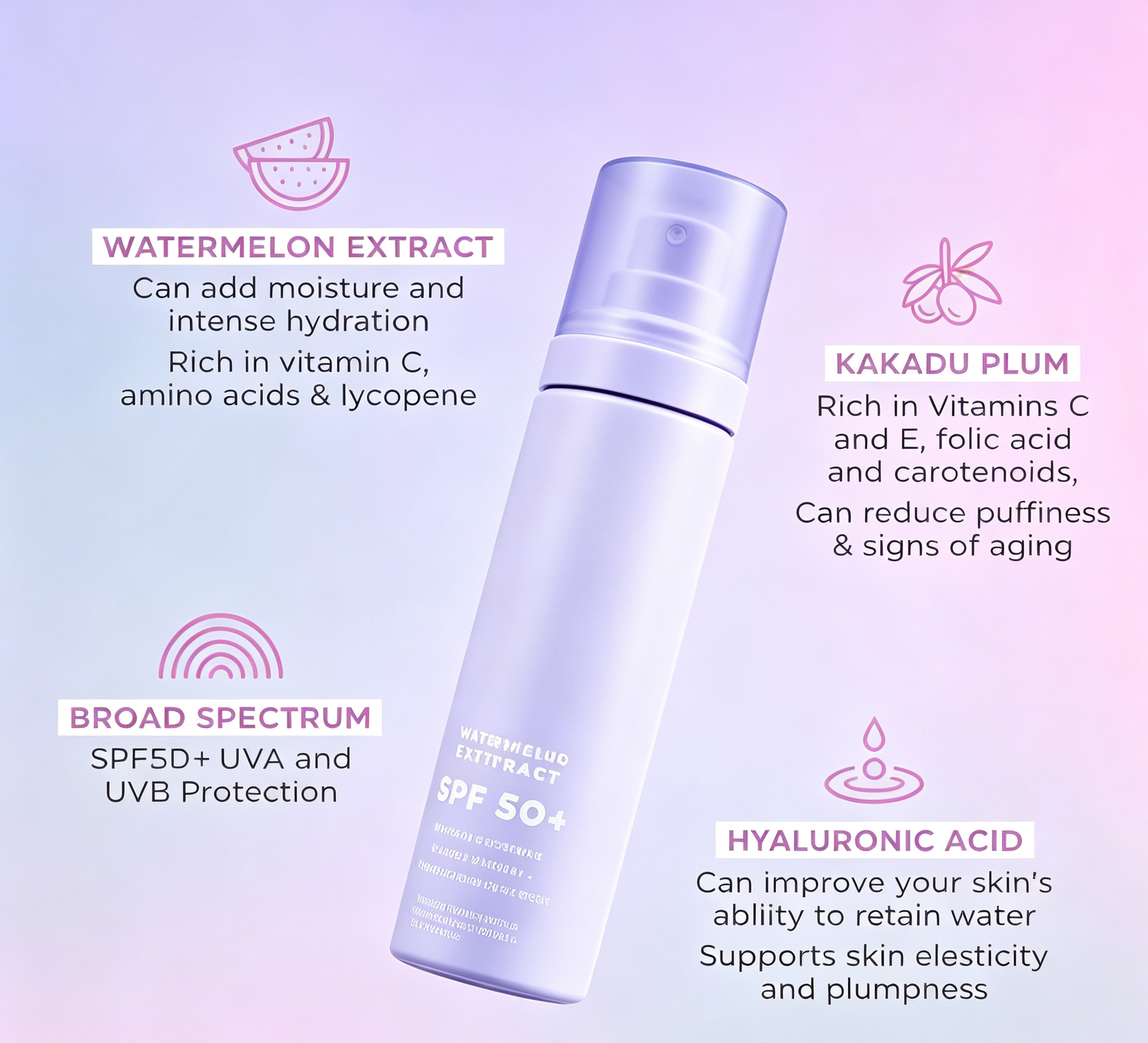 OEM Lightweight Broad Spectrum SPF50 Waterproof Mineral Vegan Organic Watermelon Sunscreen Spray  for Outdoor Activities
