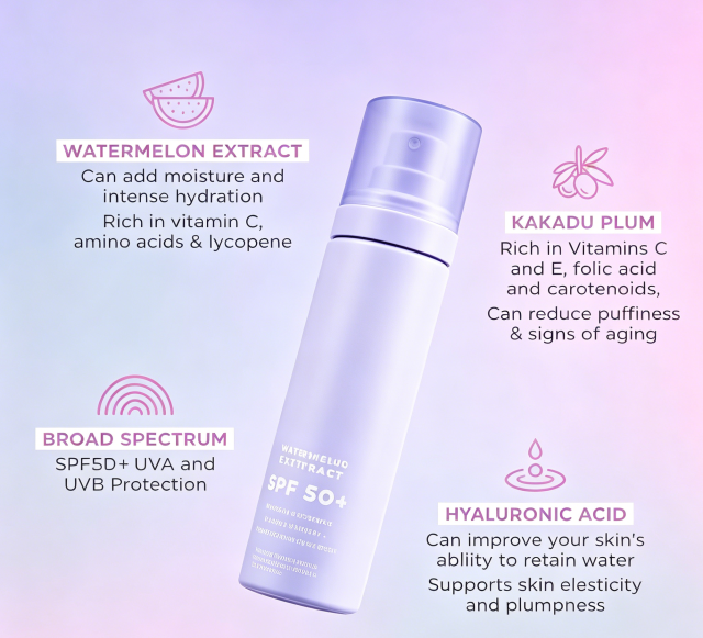 OEM Lightweight Broad Spectrum SPF50 Waterproof Mineral Vegan Organic Watermelon Sunscreen Spray  for Outdoor Activities