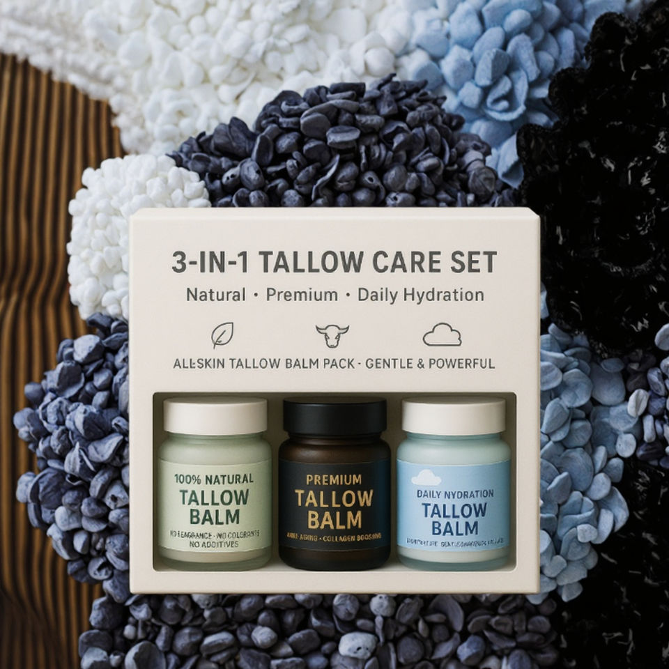 Three tallow balm jars in a windowed skincare set carton