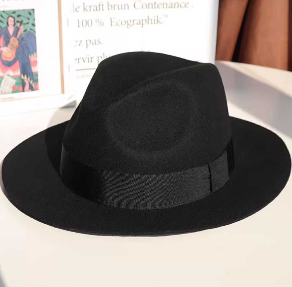 Black British wide brimmed hat, autumn and winter women's jazz hat, large brimmed hat, woolen gentleman's felt hat