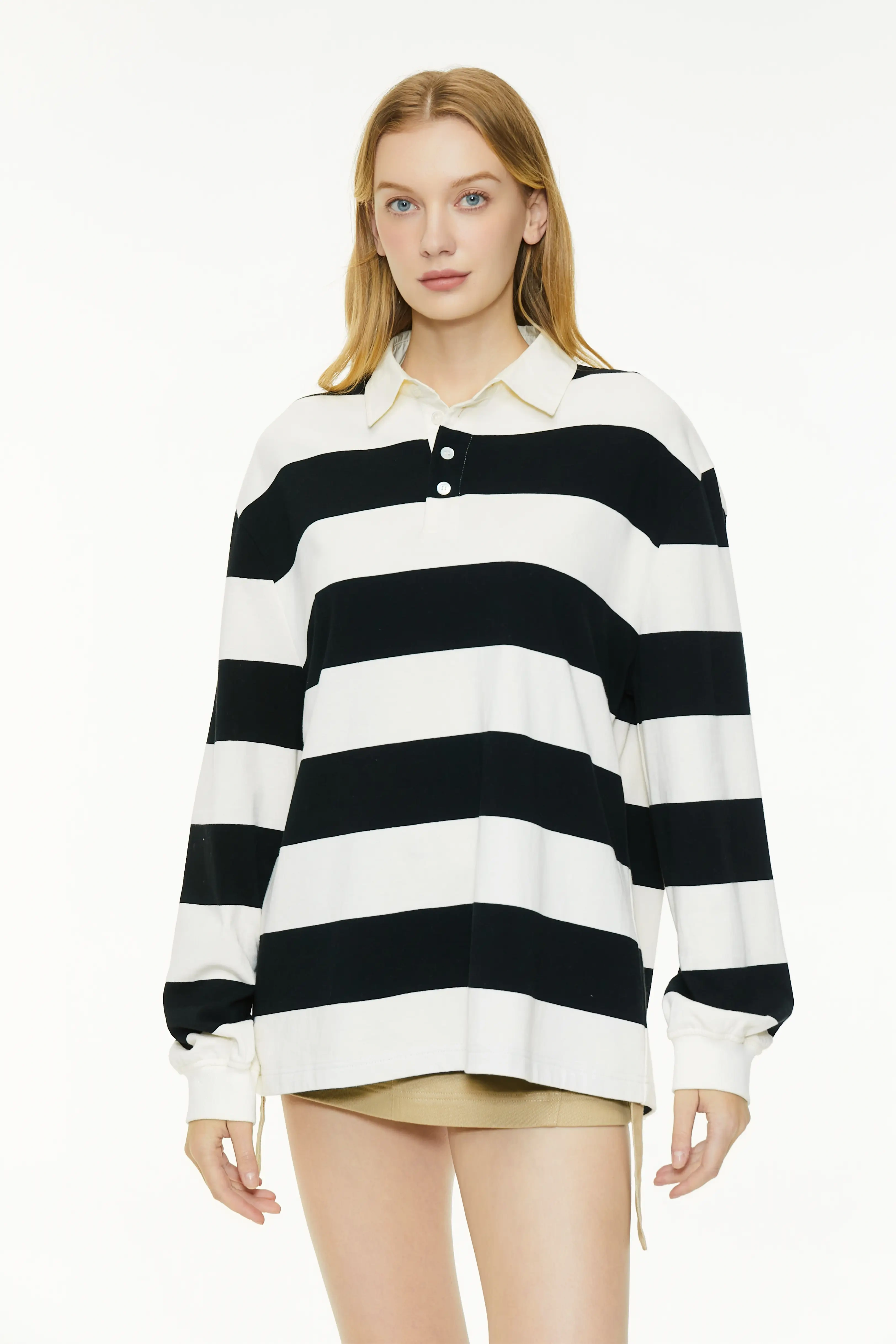 Black and white striped long-sleeved polo shirt