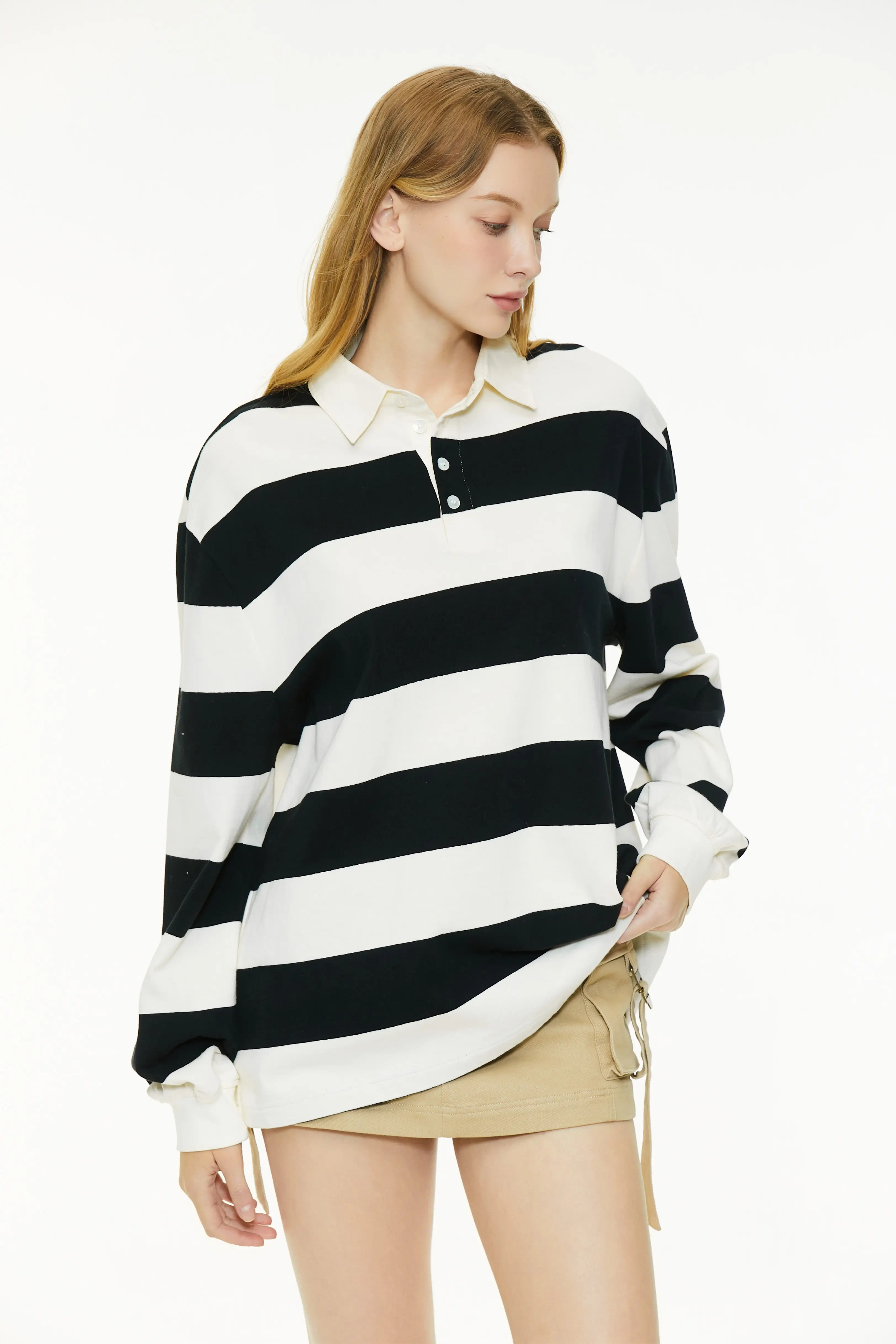 Black and white striped long-sleeved polo shirt