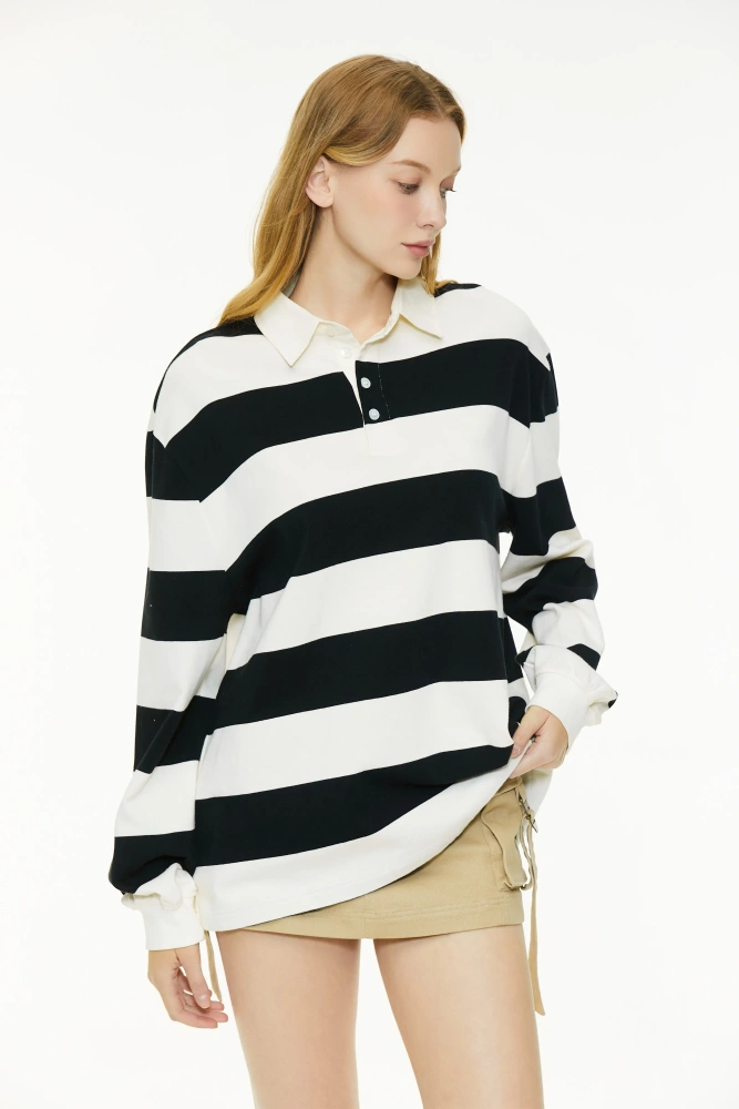 Black and white striped long-sleeved polo shirt