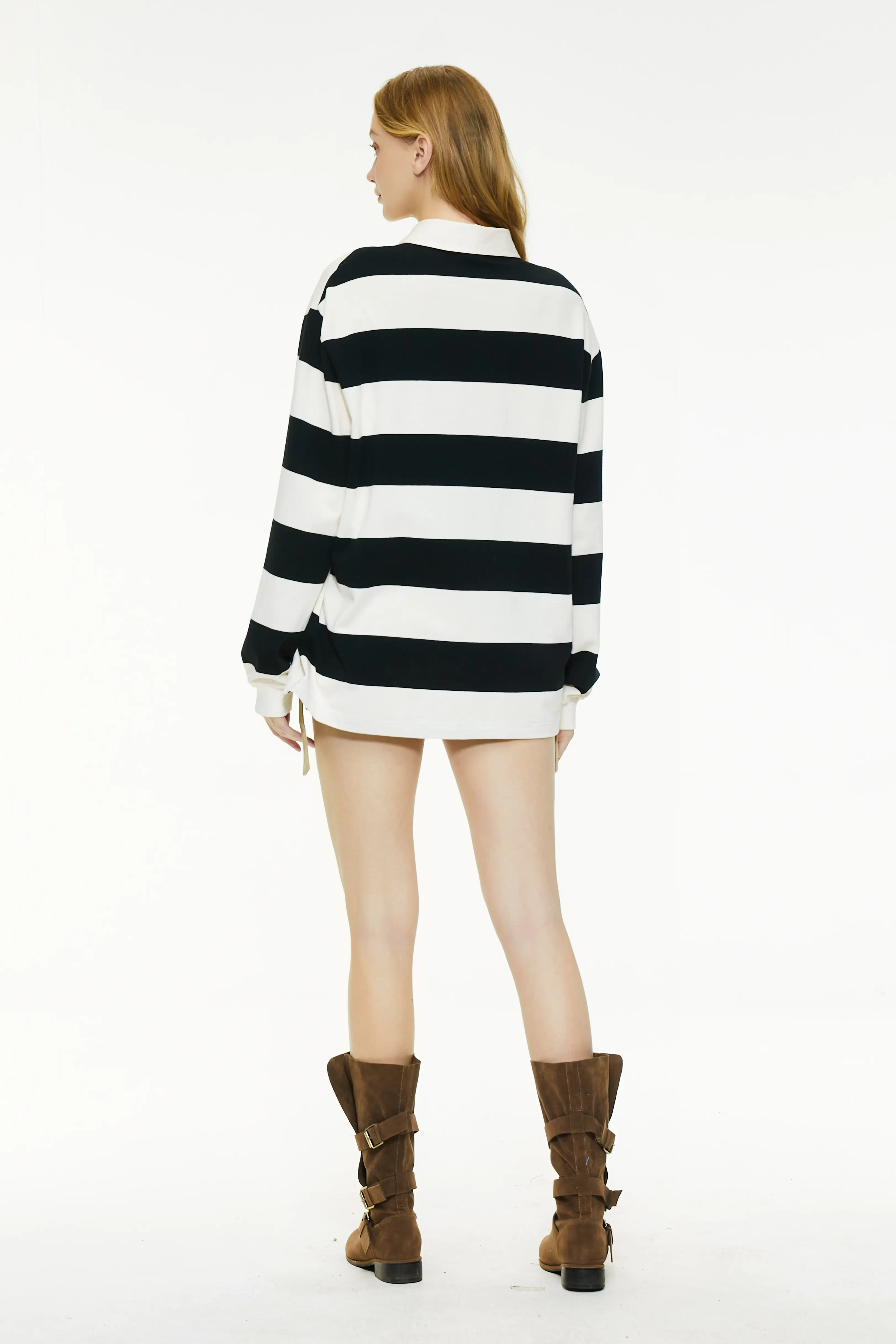 Black and white striped long-sleeved polo shirt
