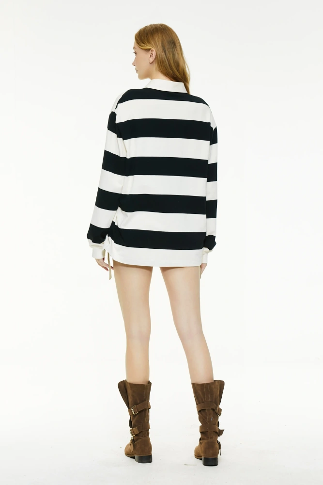 Black and white striped long-sleeved polo shirt