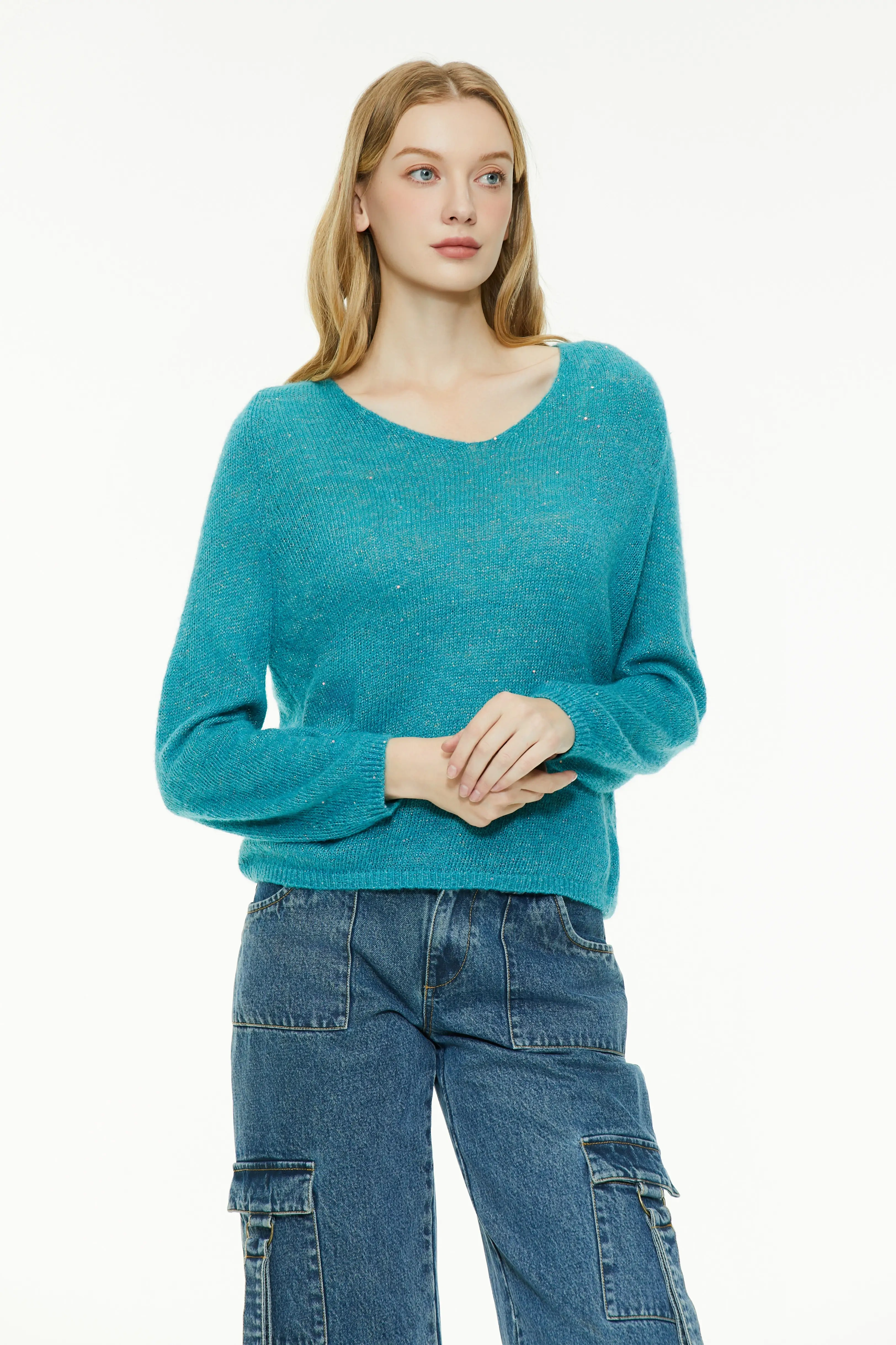 V-Neck Knit Sweater with Sparkle Detail