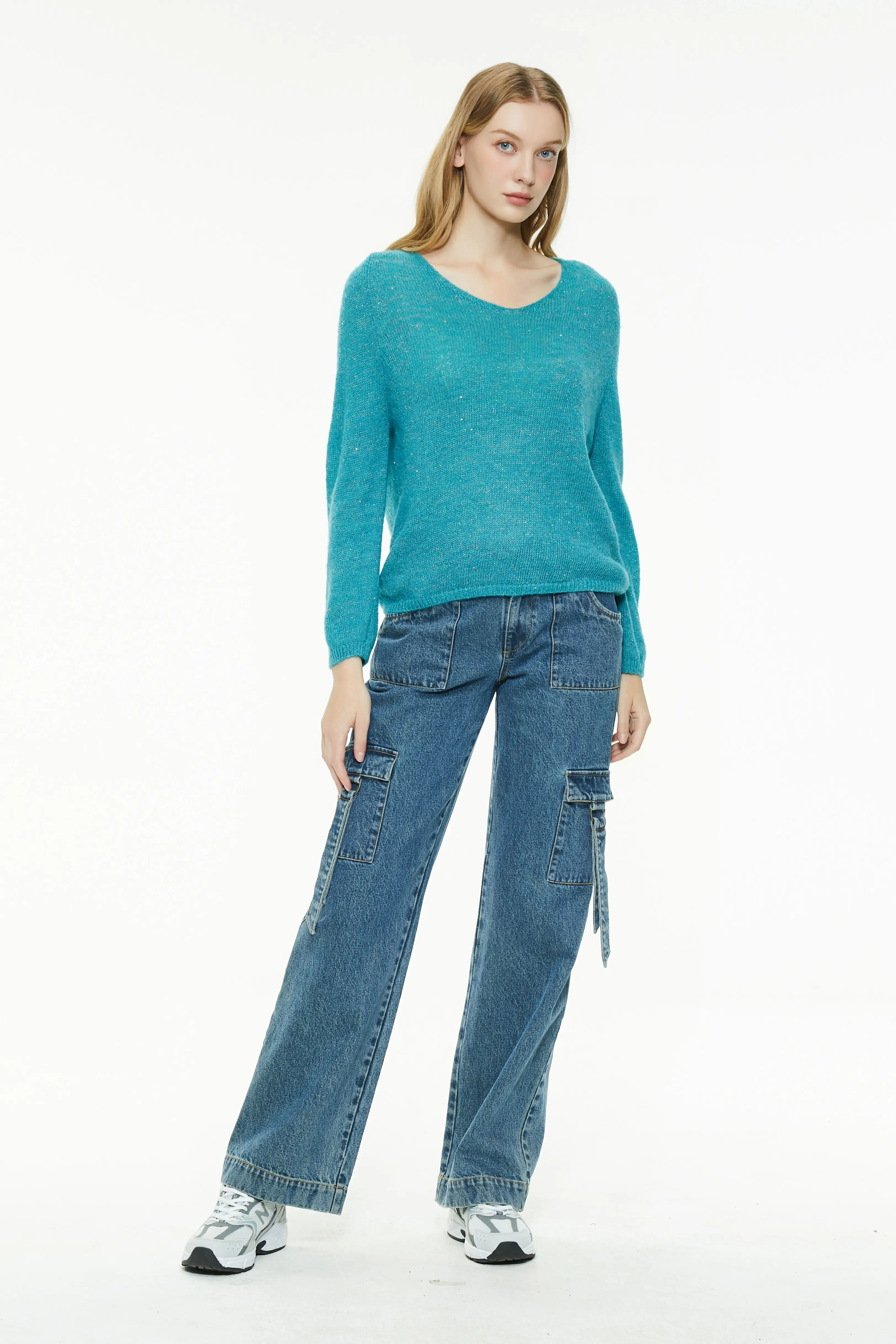 V-Neck Knit Sweater with Sparkle Detail
