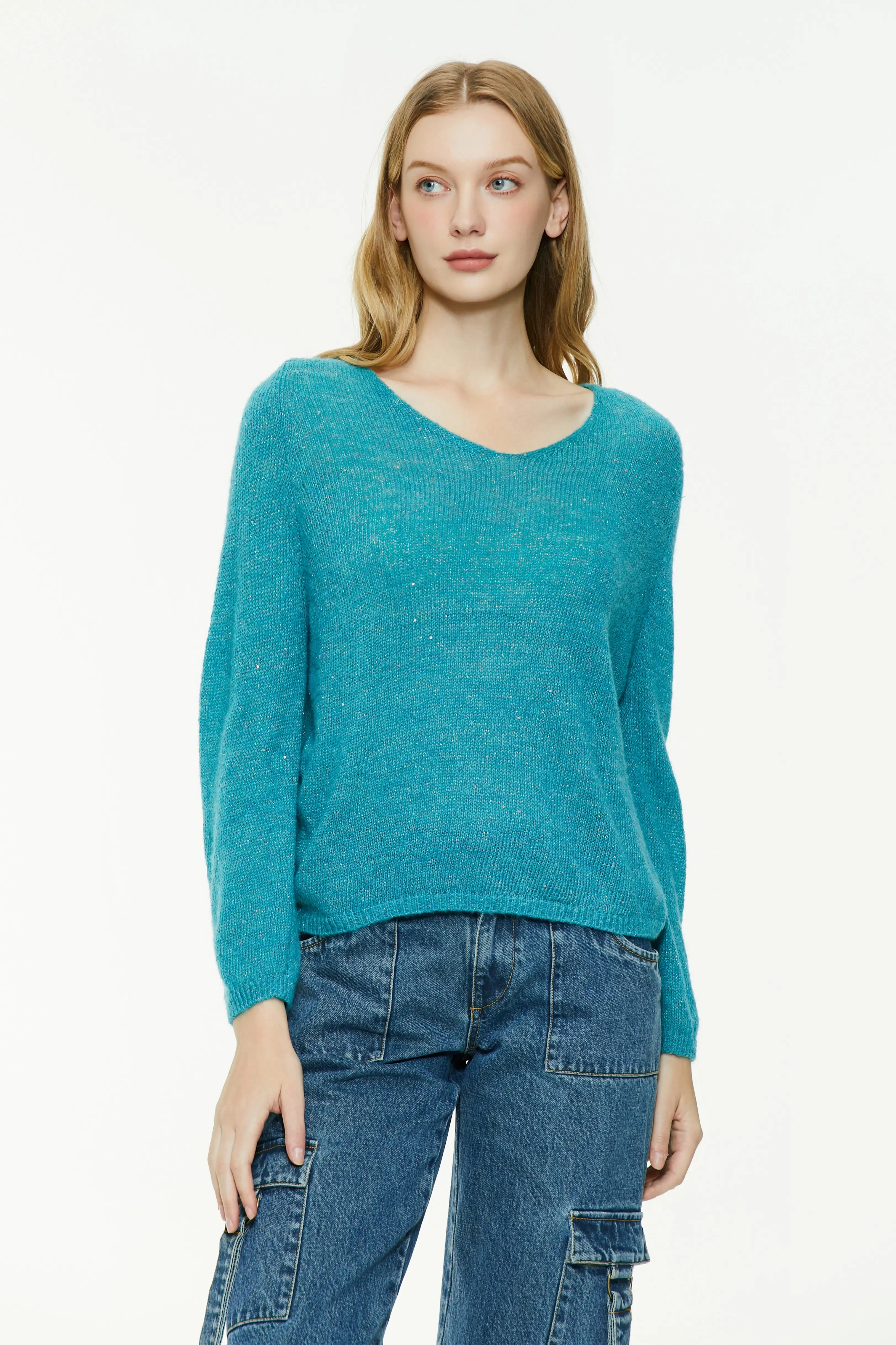 V-Neck Knit Sweater with Sparkle Detail