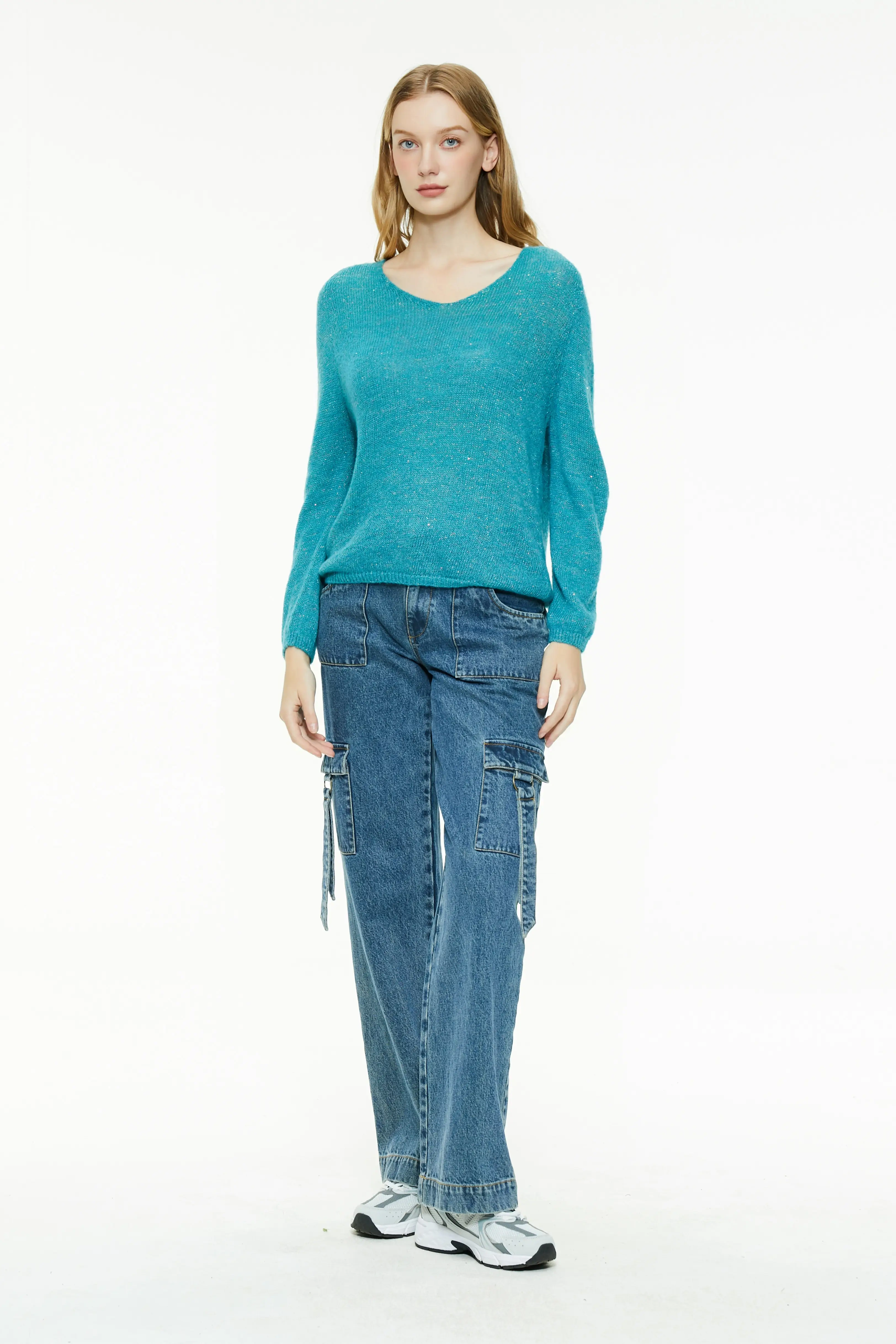 V-Neck Knit Sweater with Sparkle Detail