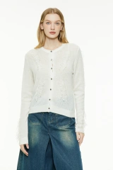 White Frayed Detail Button Up Knit Cardigan