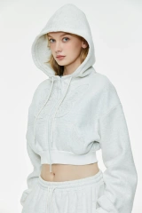 Butterfly Embroidered Cropped Zip Up Hoodie