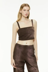 Brown Linen Blend Square Neck Crop Top And Pants Outfit Set