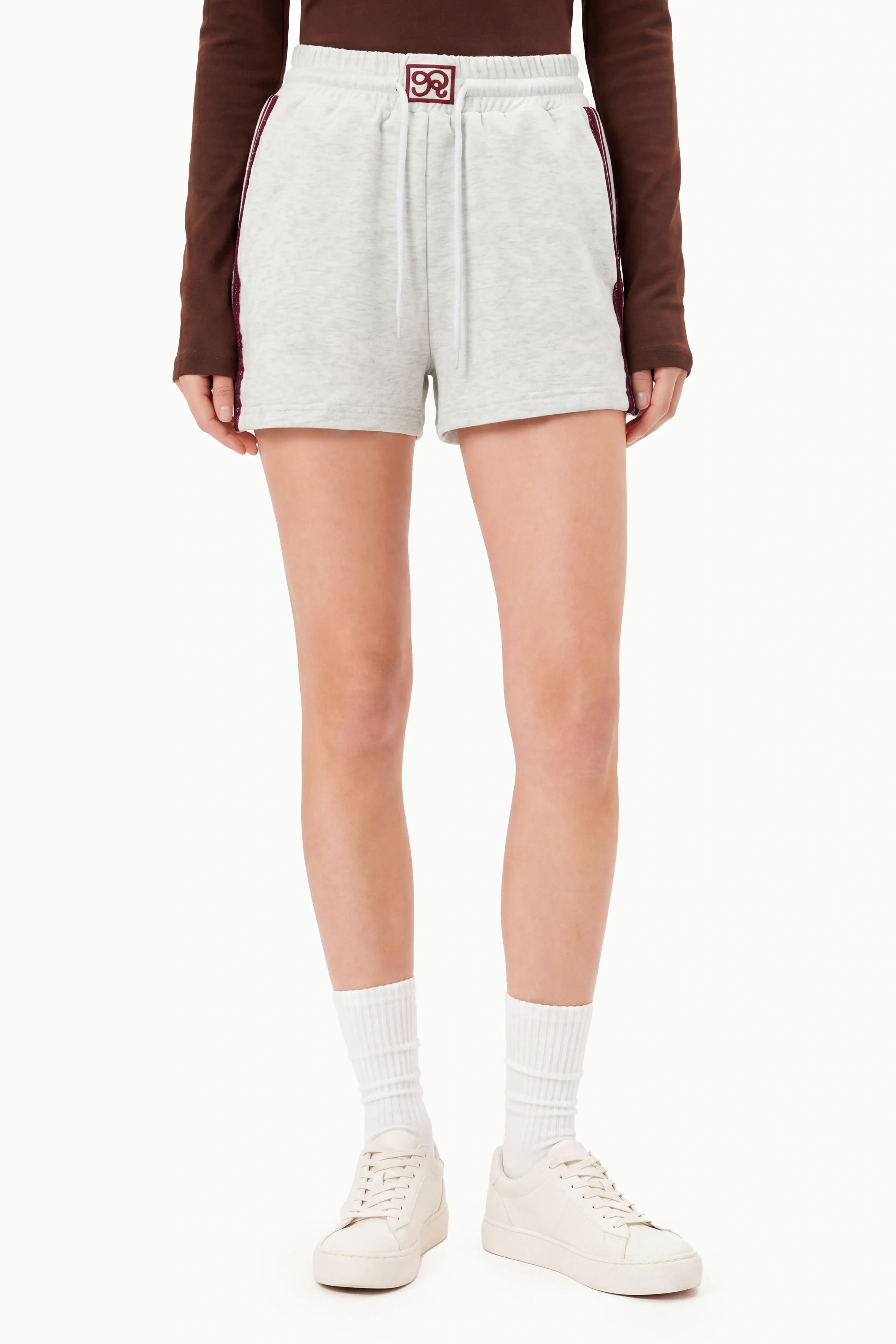 Front view of gray lace trim cotton sweat shorts with comfortable elastic waistband