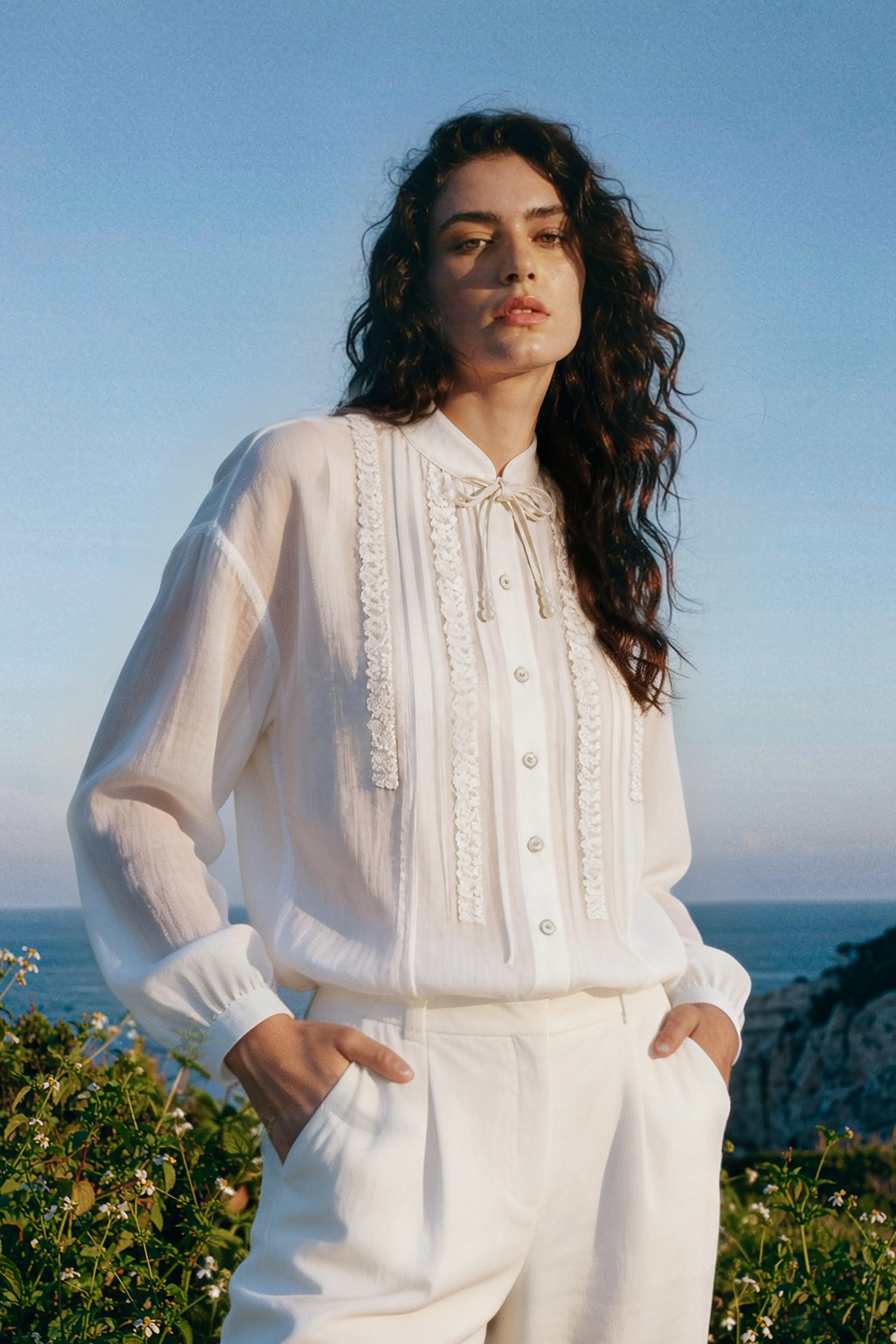 Ruffle Trim Ramie Resort Blouse