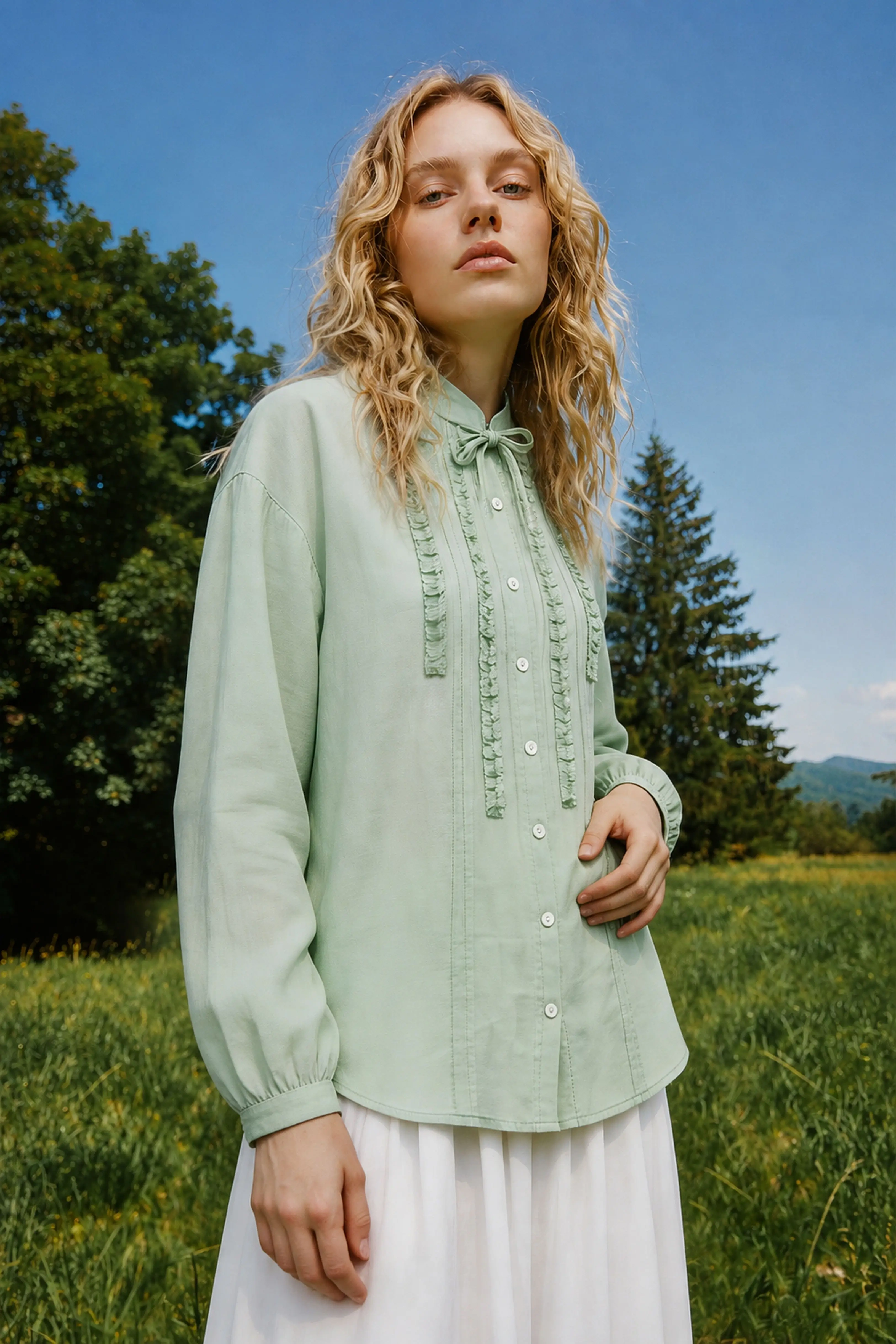Ruffle Trim Ramie Resort Blouse