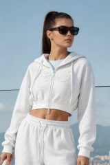 Embossed Butterfly Cropped Zip Up Hoodie