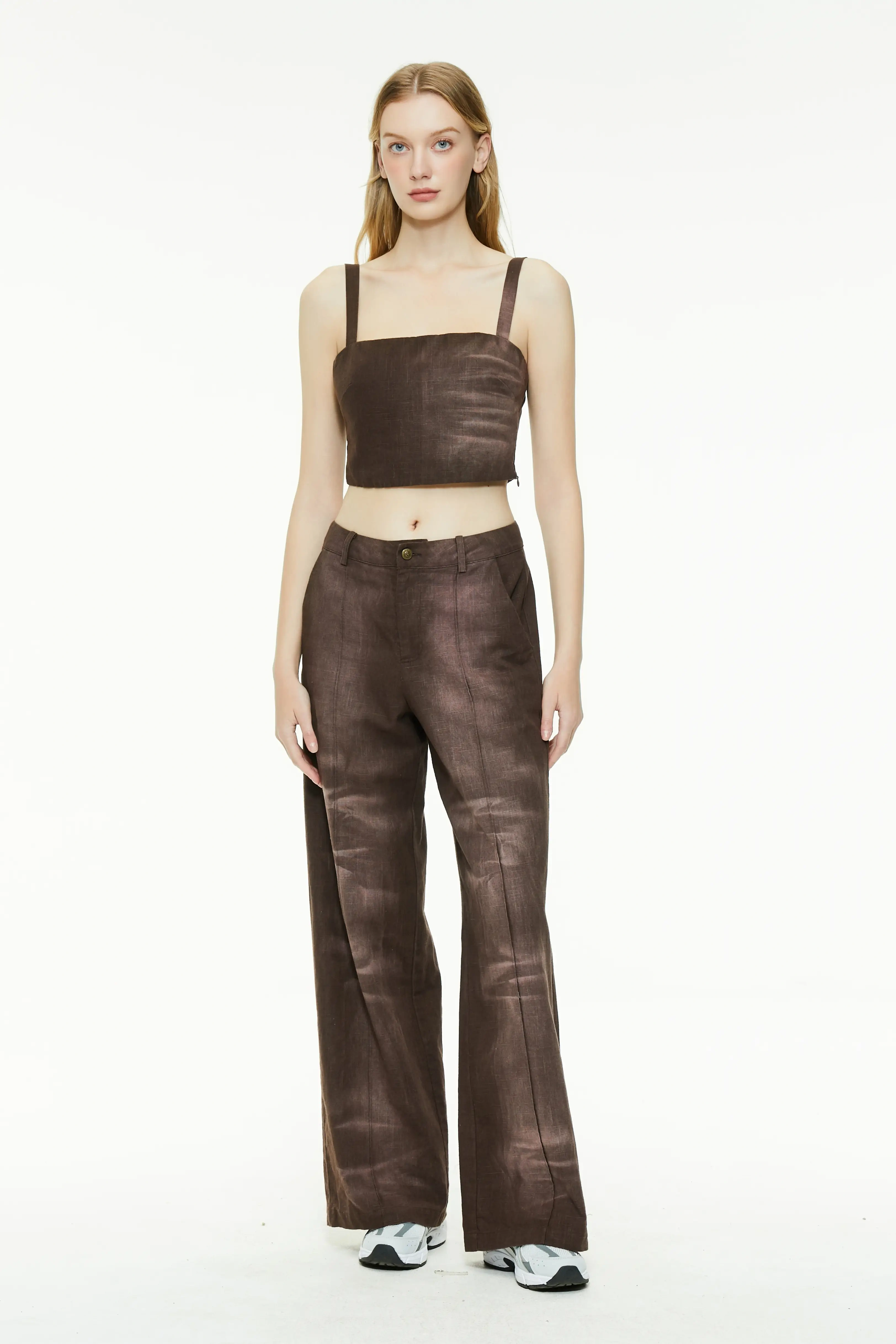 Brown linen set featuring a square-neck cropped top and matching wide-leg trousers.