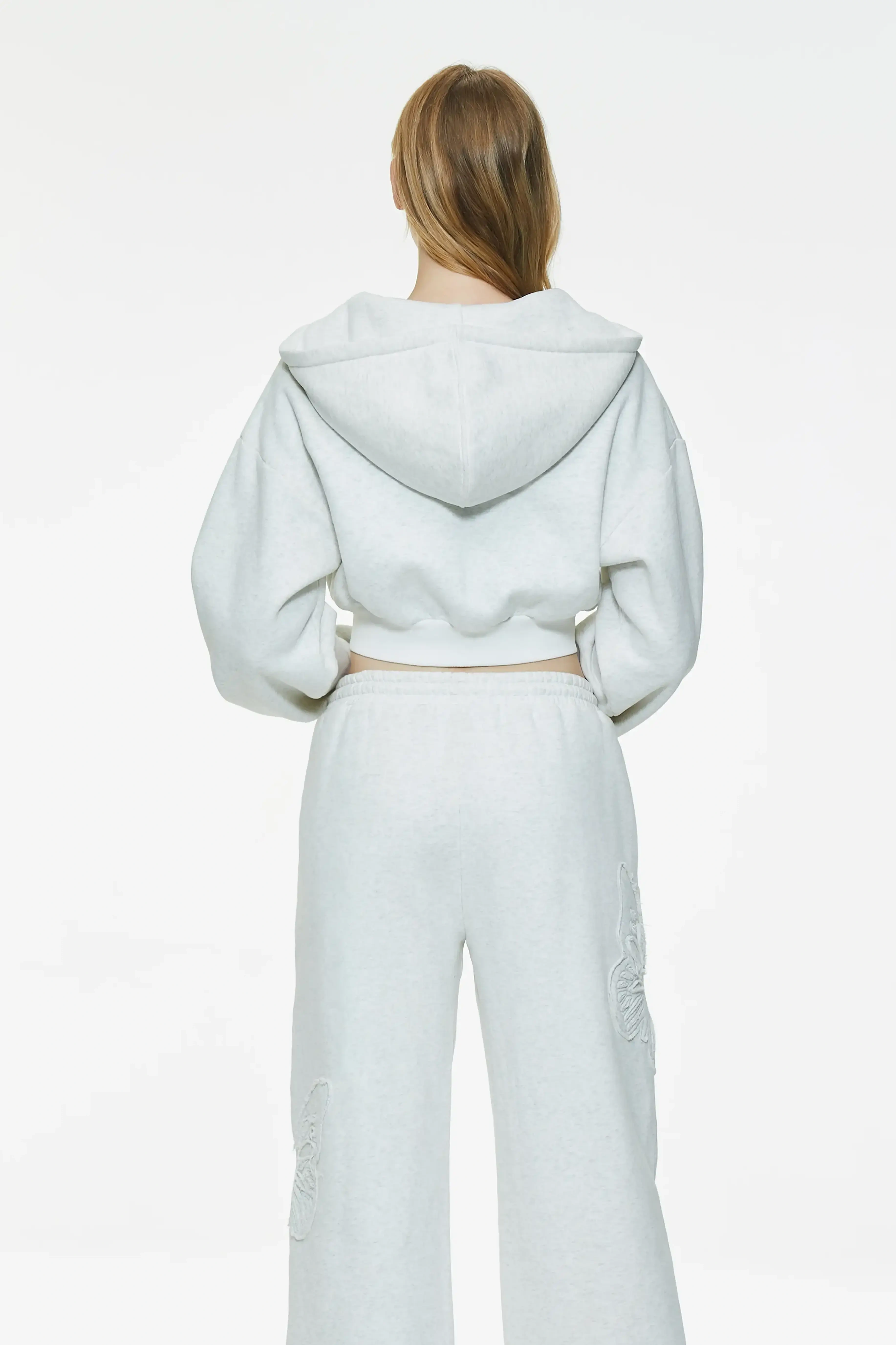 Embossed Butterfly Cropped Zip Up Hoodie