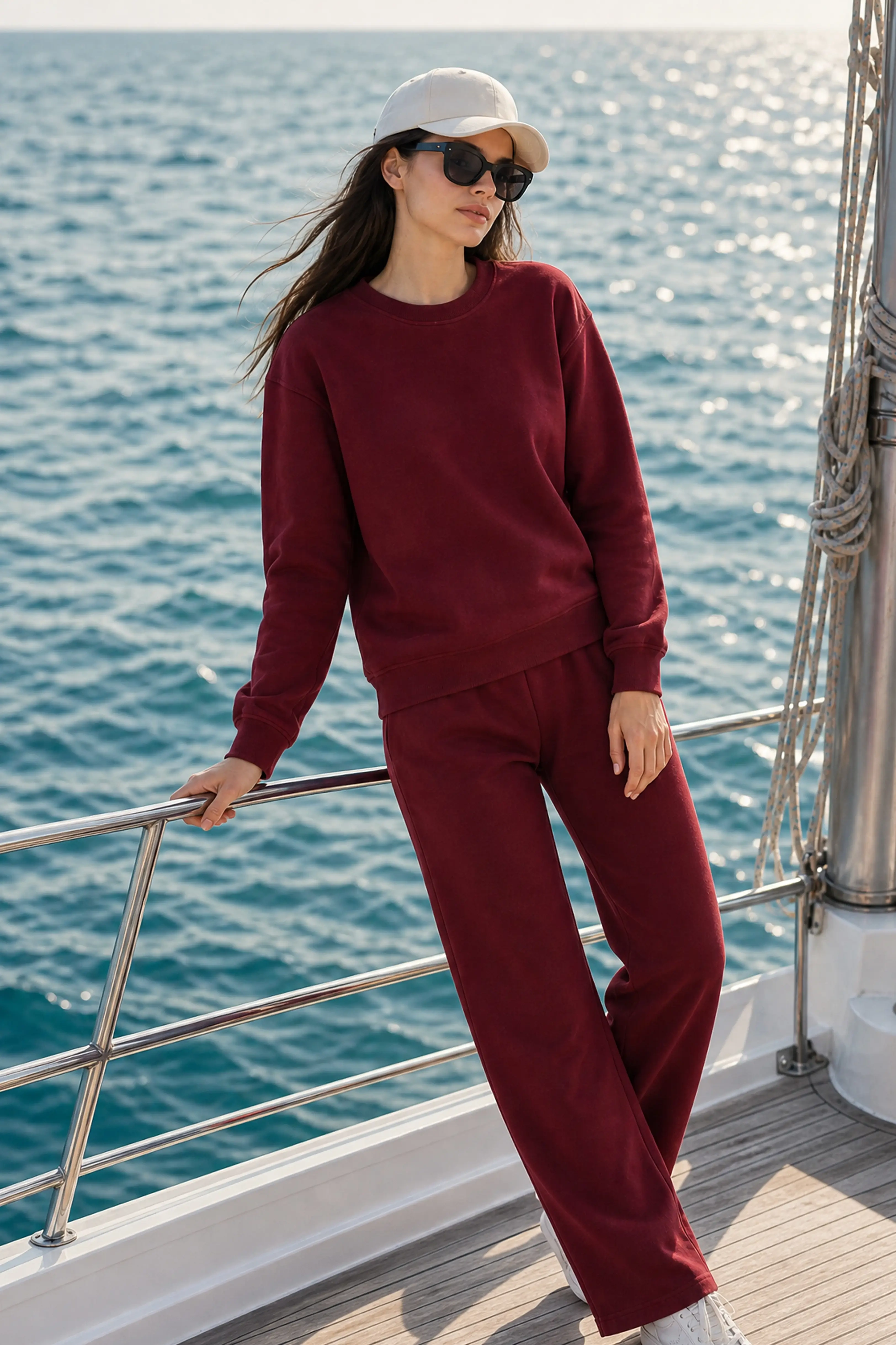 Burgundy wide leg sweatpants with matching crewneck sweatshirt on a boat deck