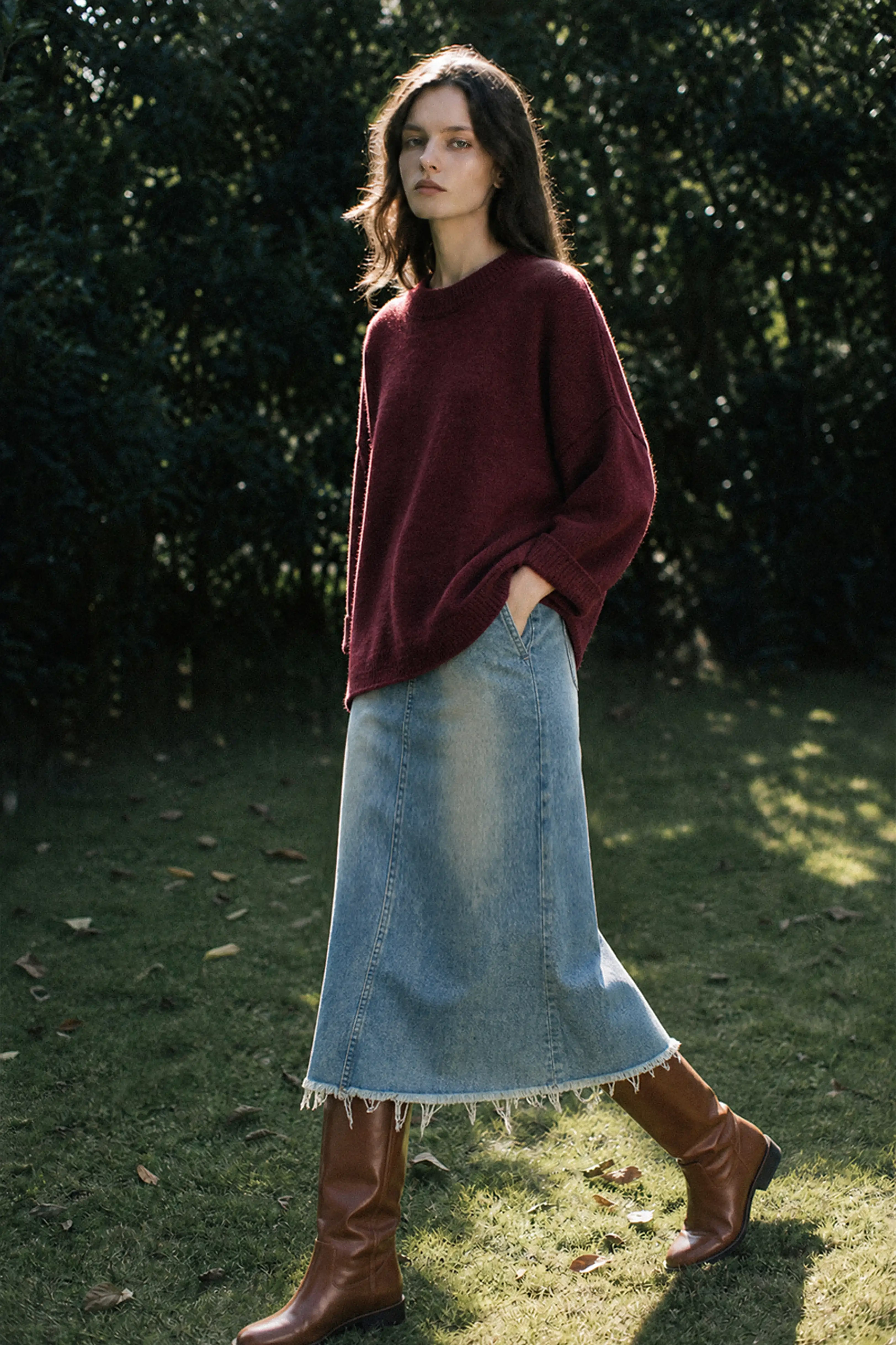 Burgundy Batwing Sleeve Knit Sweater