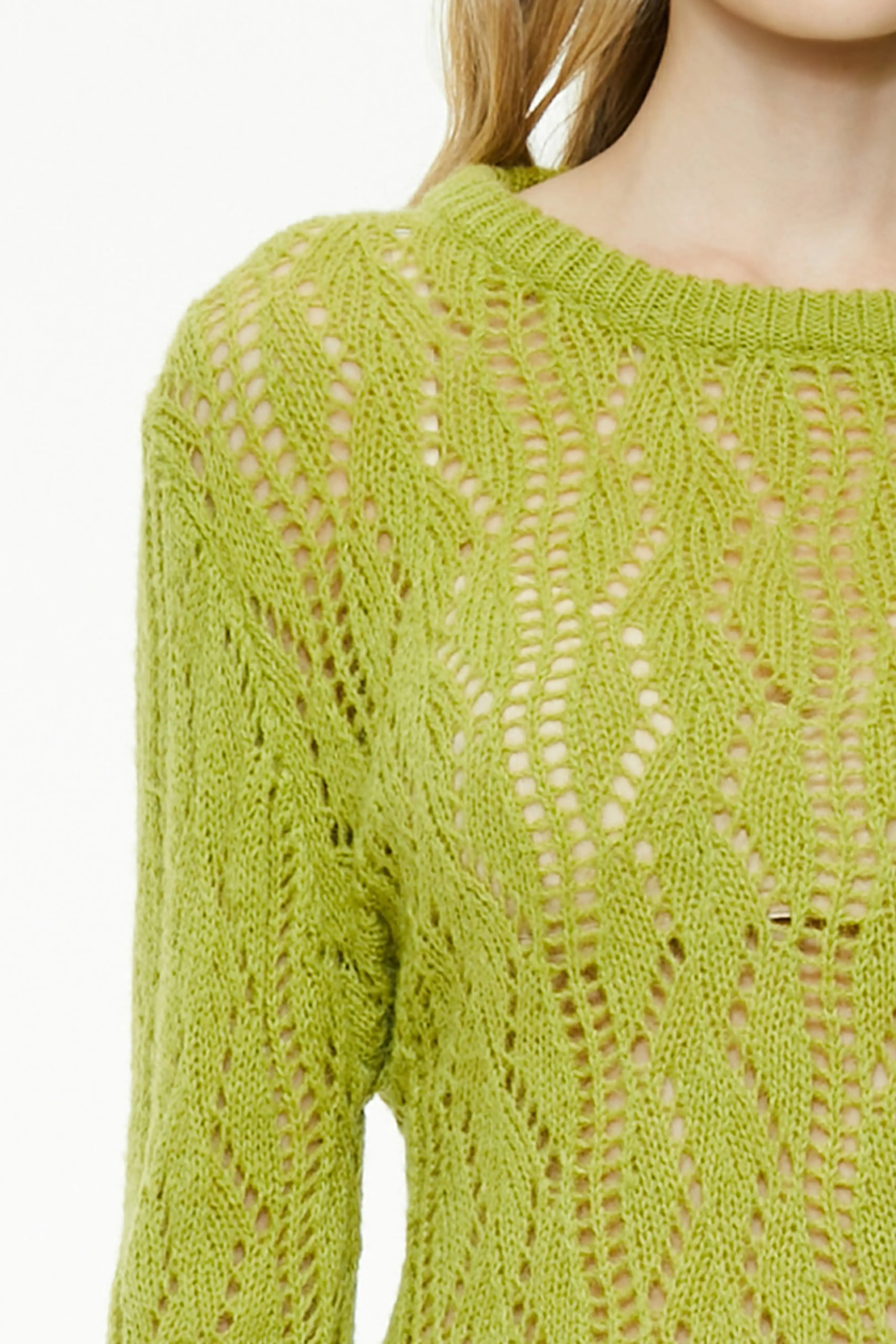 Extreme close-up showing the intricate open-work pattern on a chartreuse knit sweater