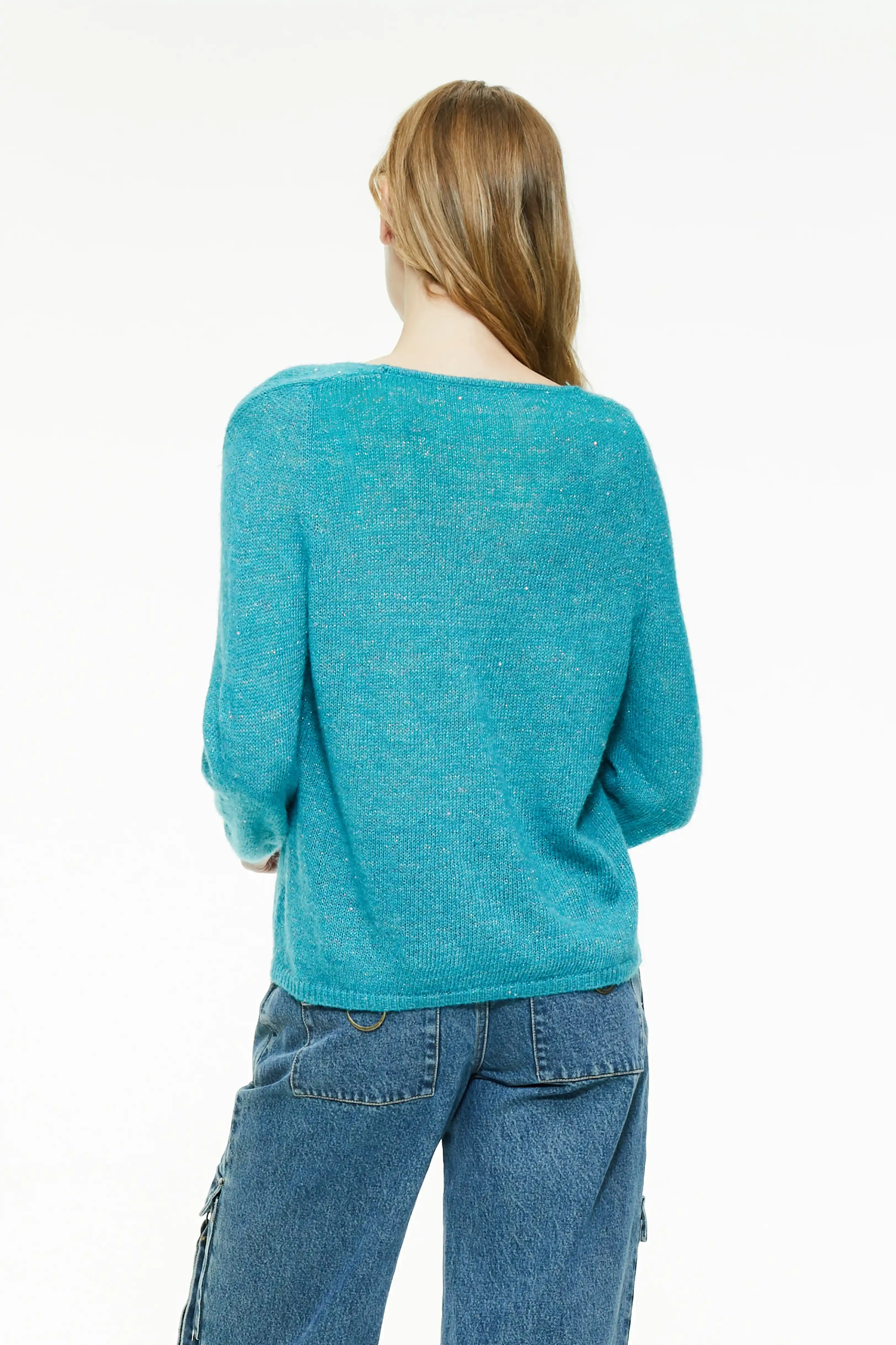 Back view of a cyan wool blend sweater with a clean hemline