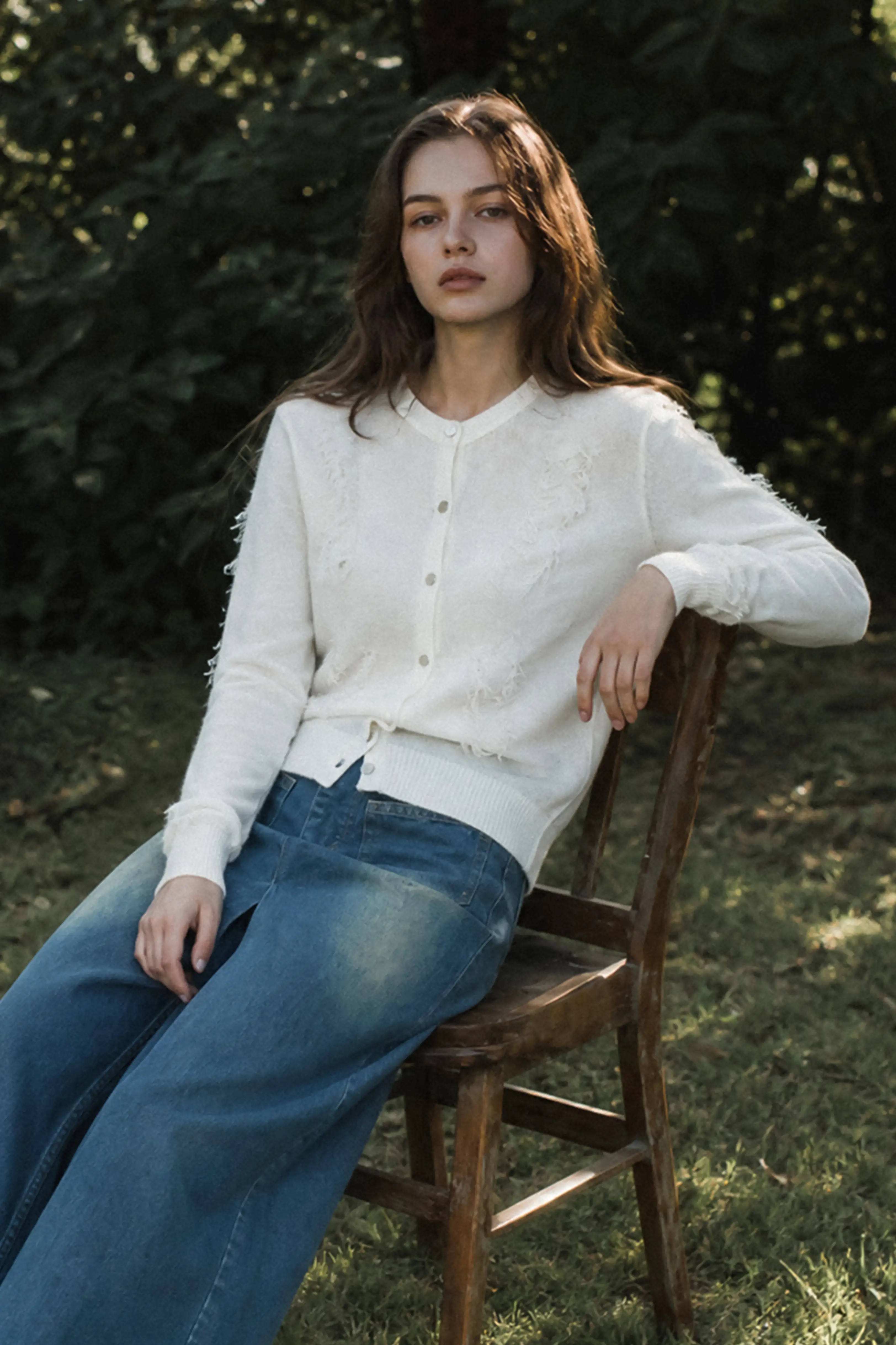 Fringe Openwork Wool Blend White Cardigan | HELLO RUISEN