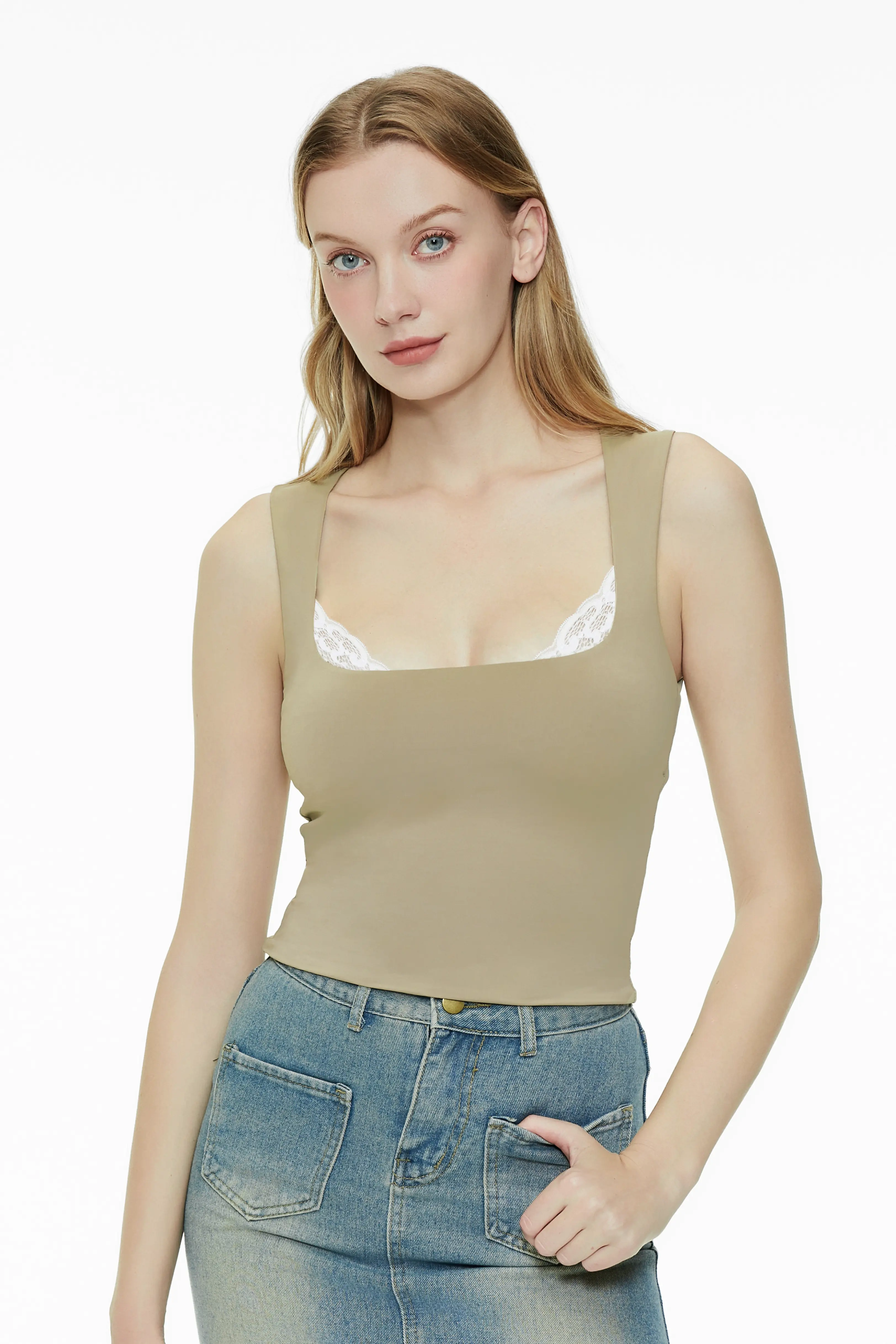 Khaki green lace trim tank top paired with a blue denim skirt