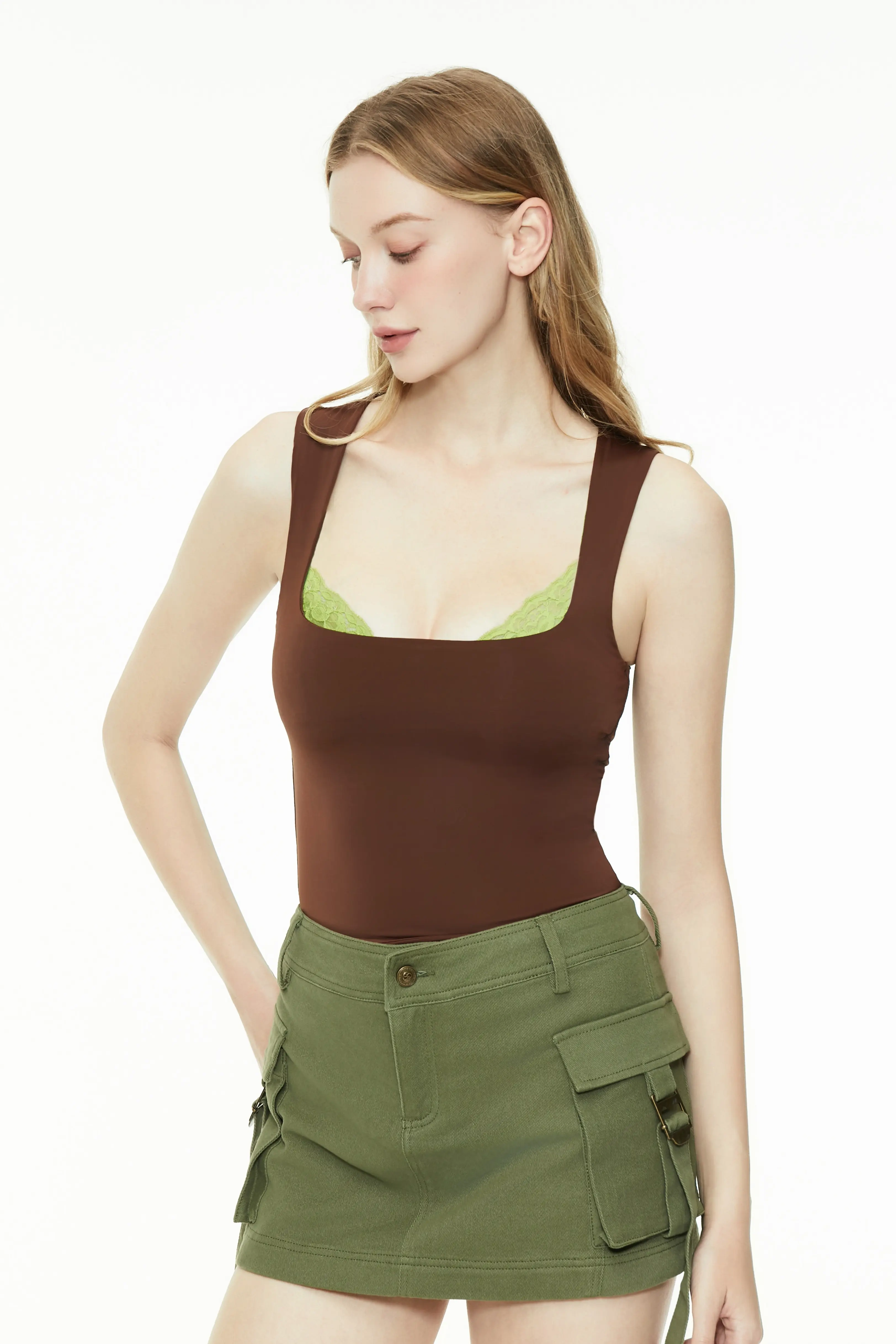 Brown lace trim tank top with wide shoulder straps and a square neckline