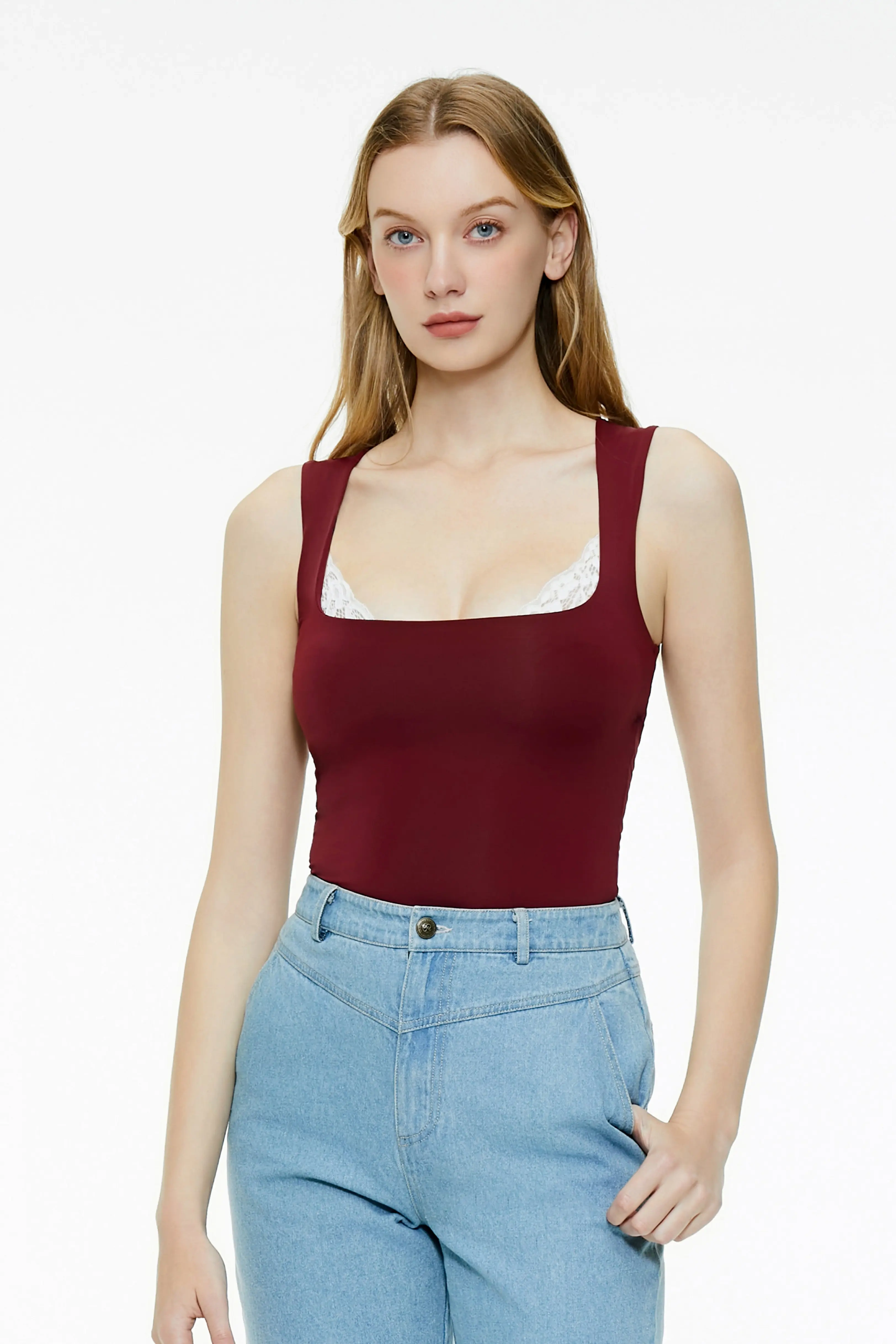 Burgundy lace trim tank top with wide shoulder straps