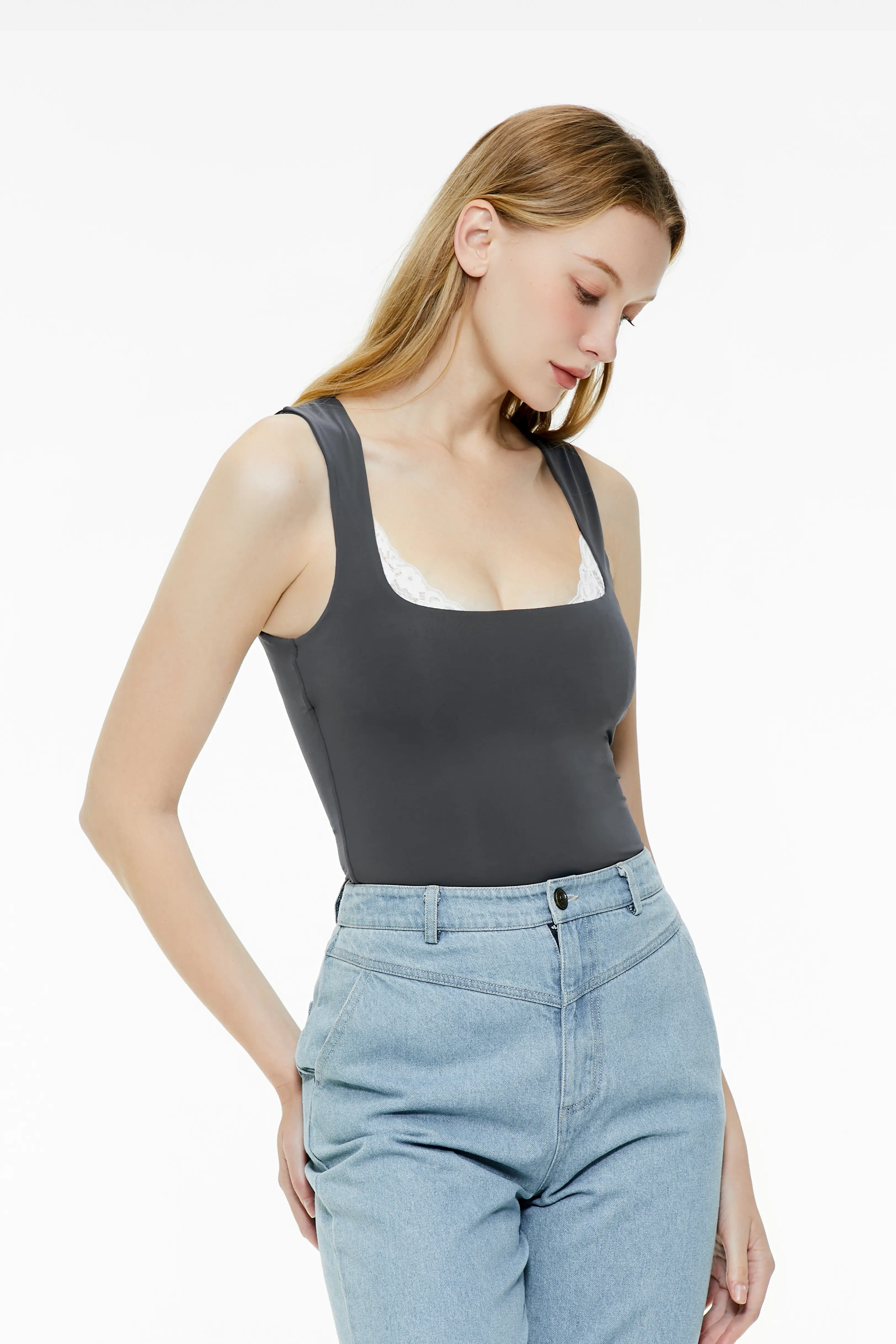 Gray-blue lace trim tank top featuring wide shoulder straps