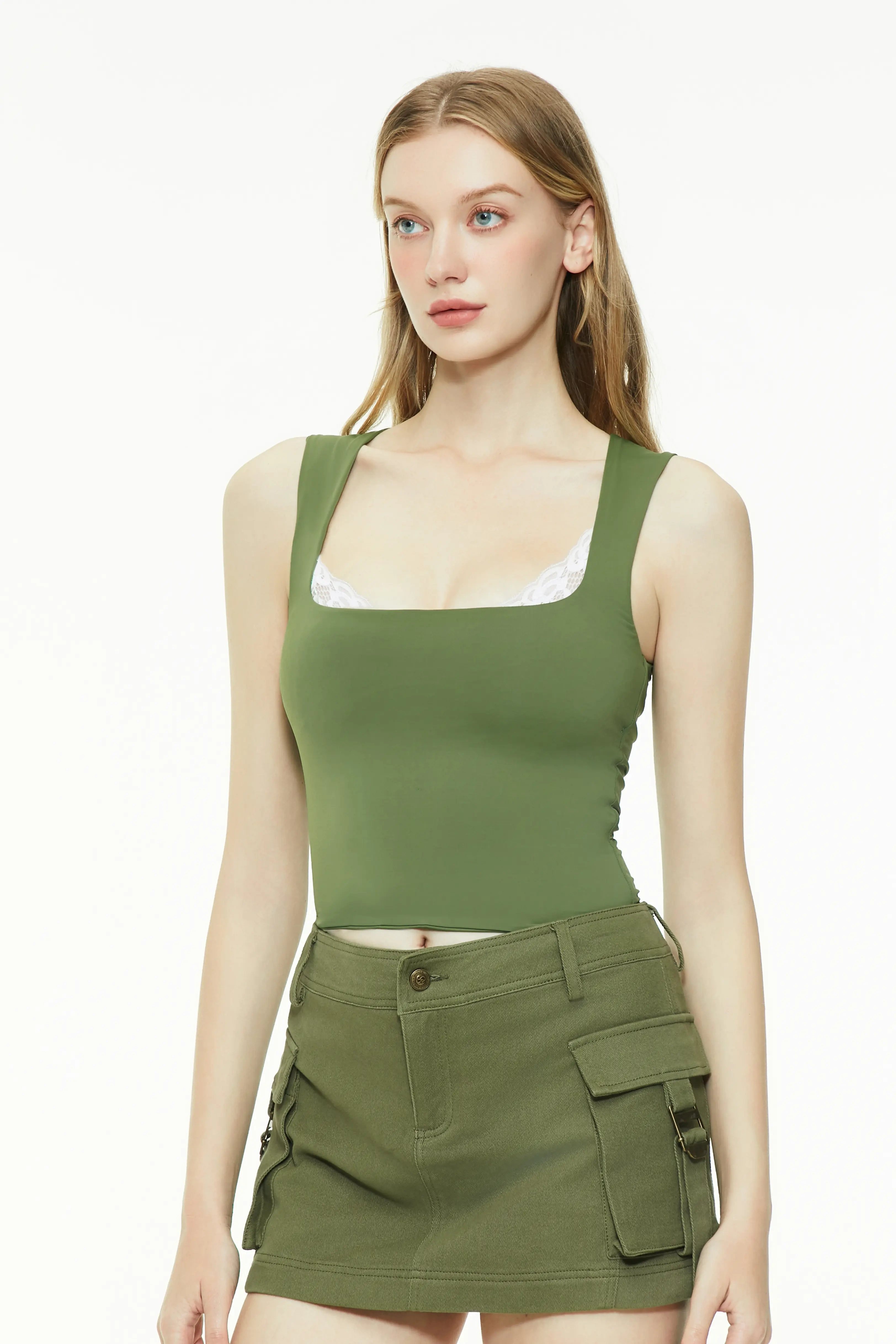 Green lace trim tank top with a square neckline and wide shoulder straps